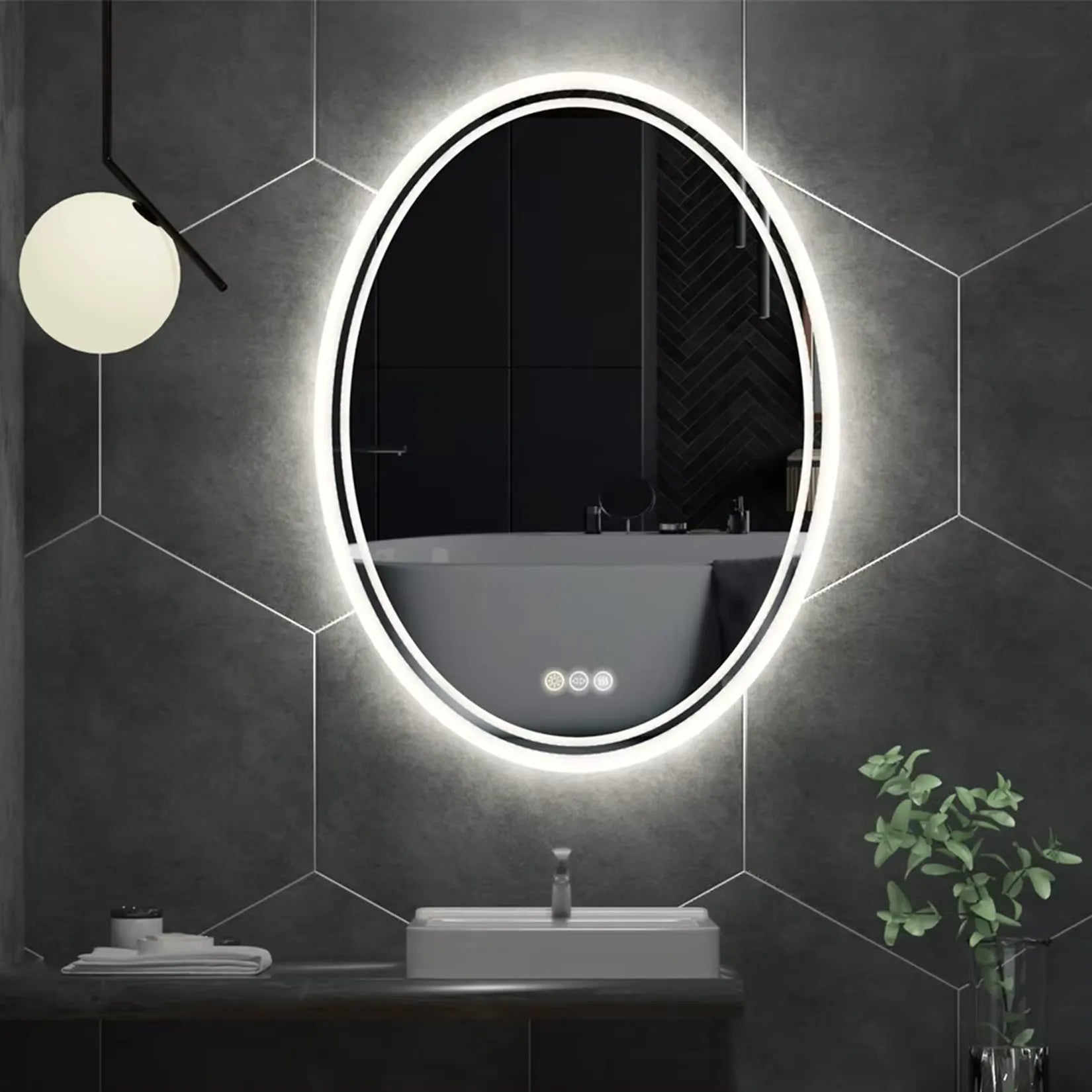 Miroir salle de bain éclairé ovale 50x70 cm – carrelage hexagonal noir ambiance design.