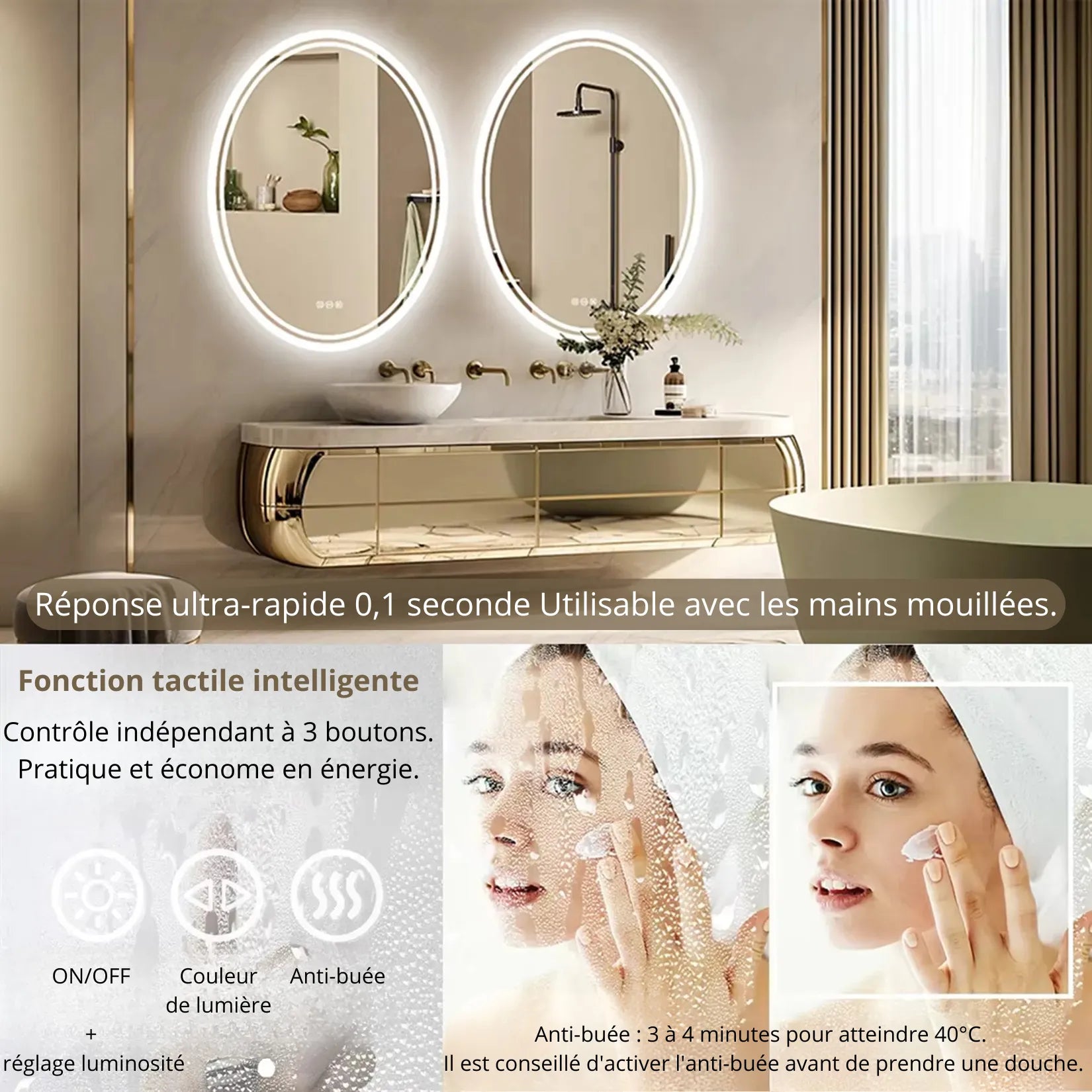 Miroir salle de bain éclairé ovale – commande tactile intelligente 3 couleurs anti-buée.