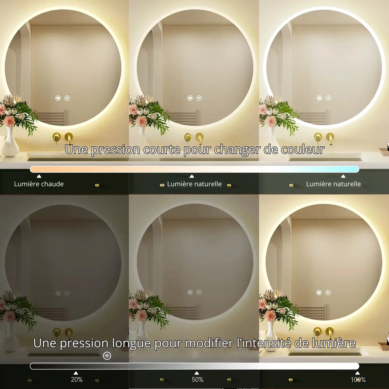 Miroir Salle de Bain LED démonstration des 3 couleurs de lumière et intensité dimmable.