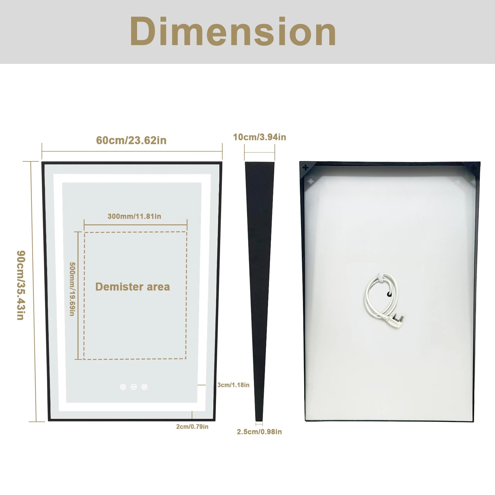 Dimensions détaillées et schéma technique du miroir salle de bain LED incliné.