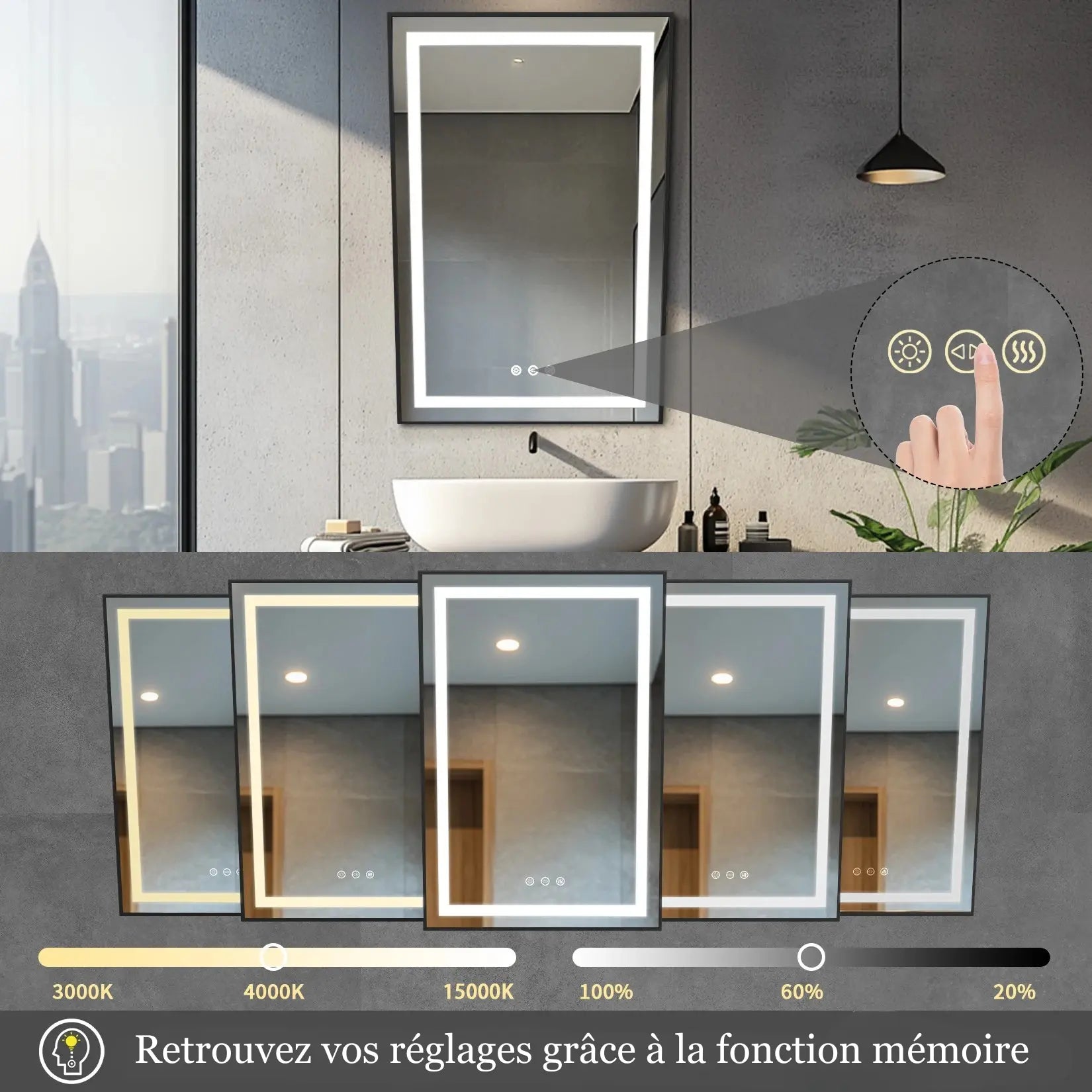 Miroir salle de bain LED incliné avec éclairage et commande tactile.