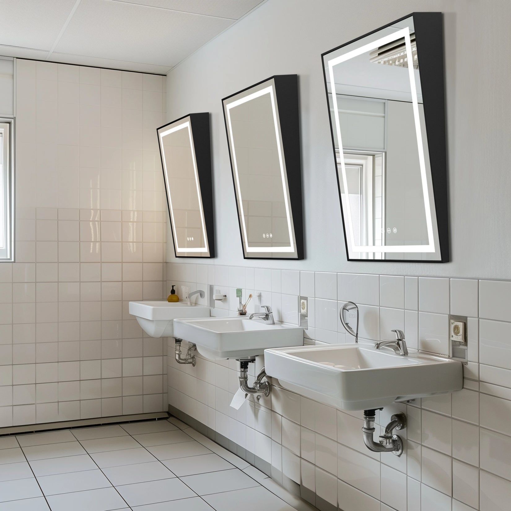 Miroir salle de bain LED incliné installé dans un espace public pour accessibilité optimale.