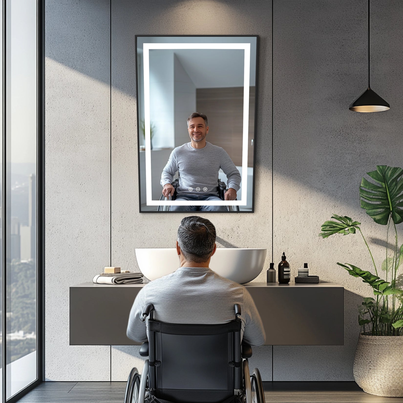 Miroir salle de bain LED incliné facilitant l’usage dans une salle de bain adaptée.