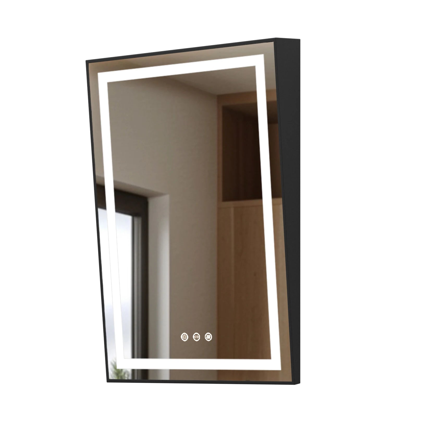 Miroir salle de bain LED incliné avec profil élégant et cadre moderne.