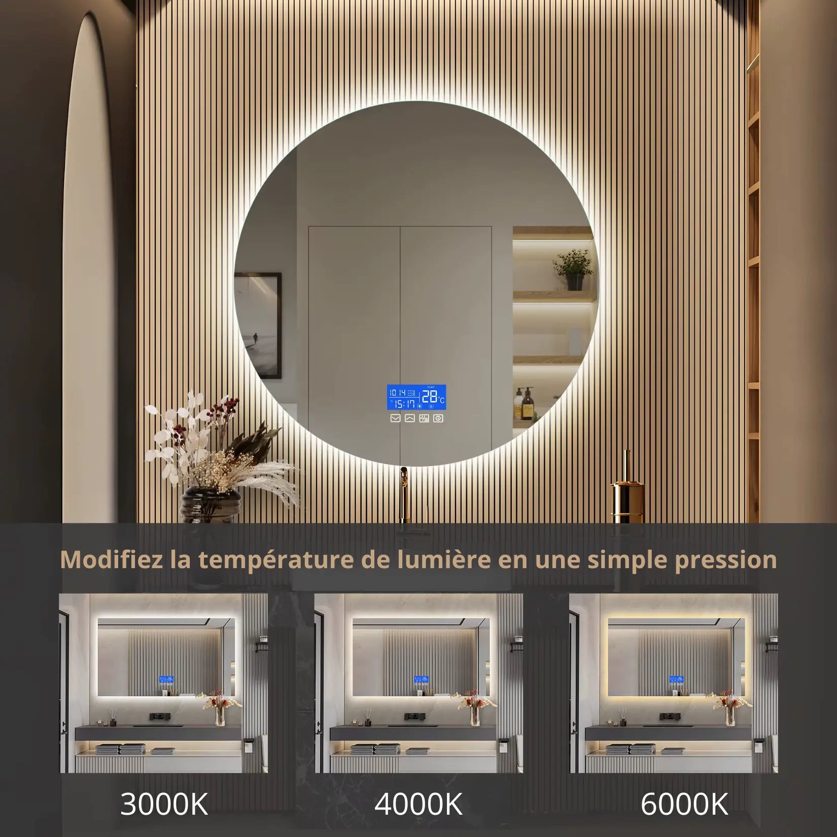 Miroir de salle de bain lumineux rond 100 cm avec affichage digital et fonction de commande tactile.
