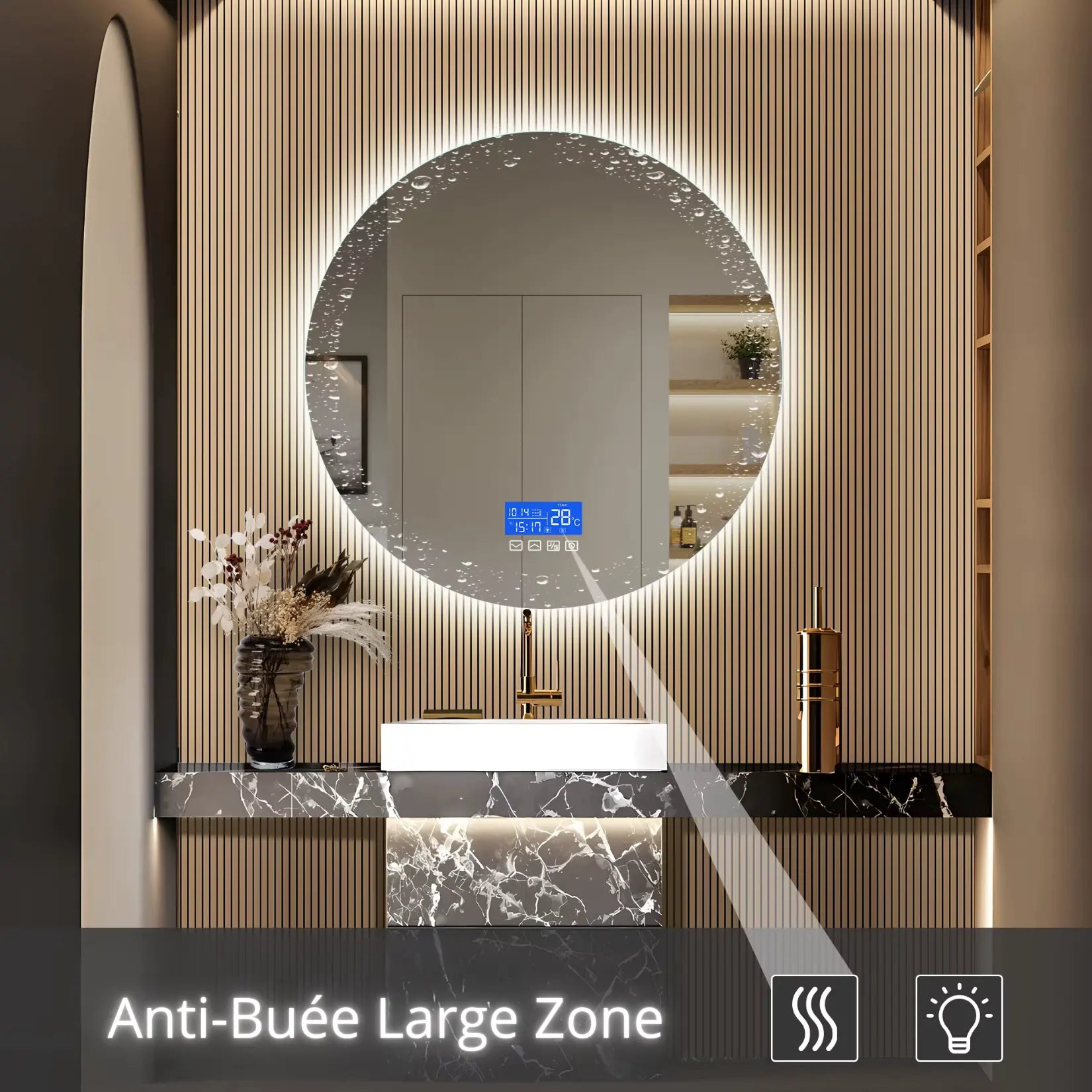 Miroir rond 100 cm avec fonction anti-buée pour salle de bain, affichage digital et lumière LED..