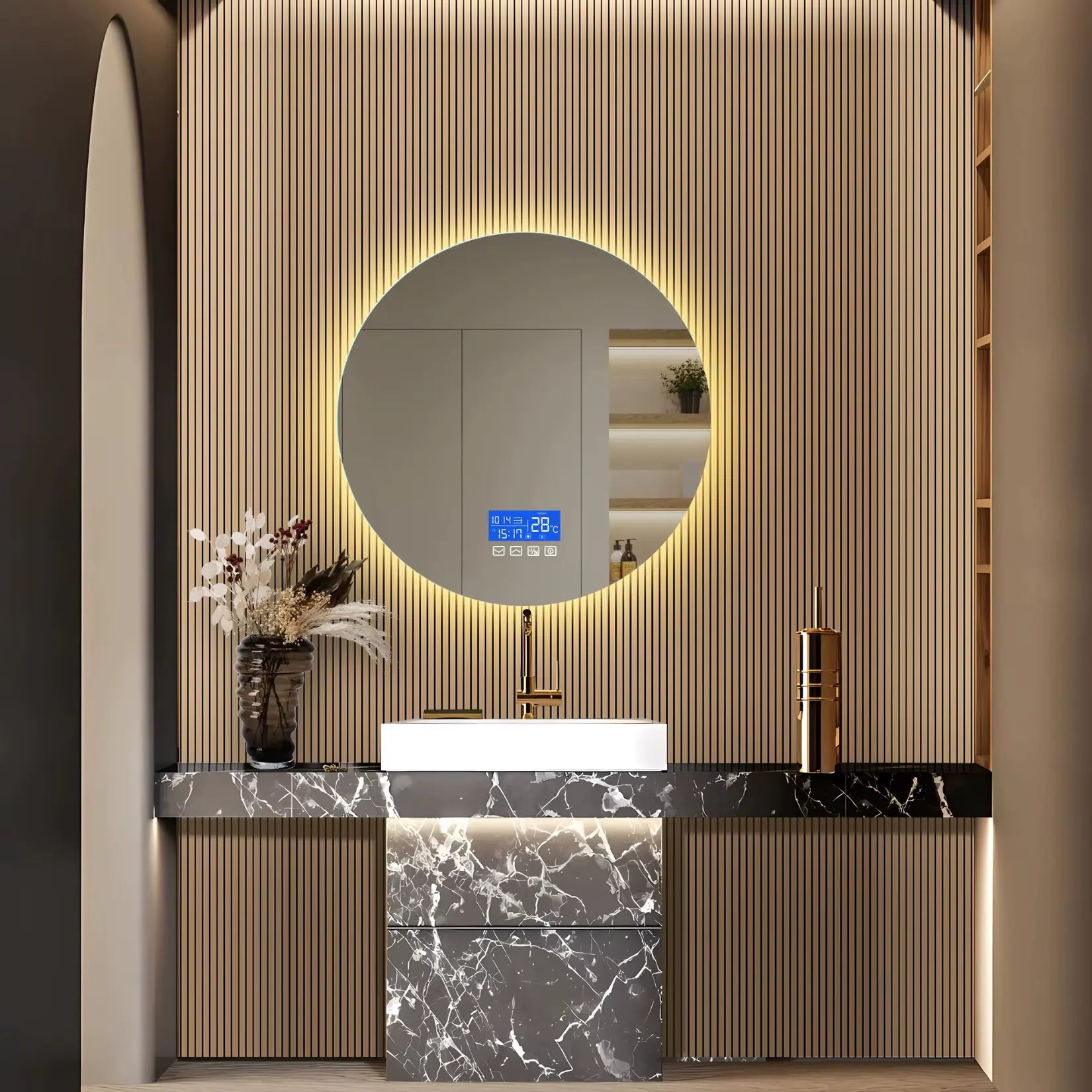Miroir salle de bain 100 cm avec haute définition, affichage digital de température et heure.