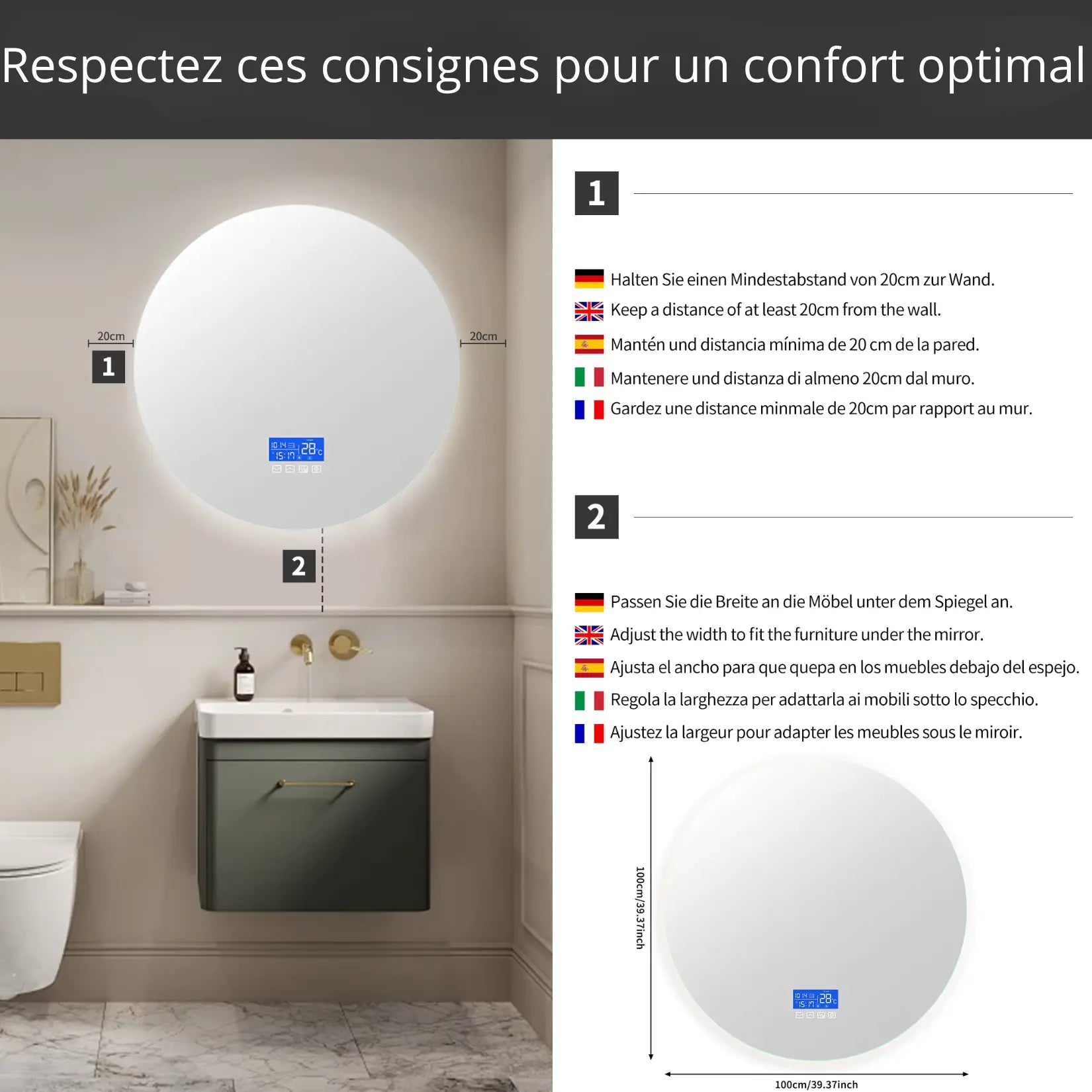 Miroir rond lumineux 100 cm pour salle de bain moderne, avec éclairage LED ajustable.