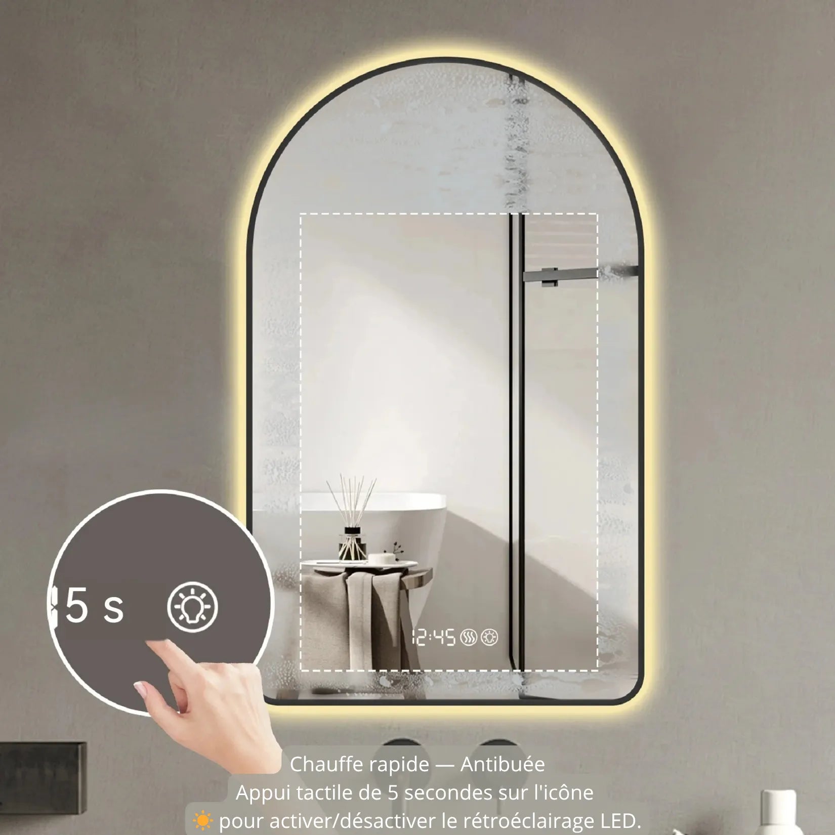 Miroir Salle de Bain Lumineux 120 cm activation LED 5 secondes commande tactile.