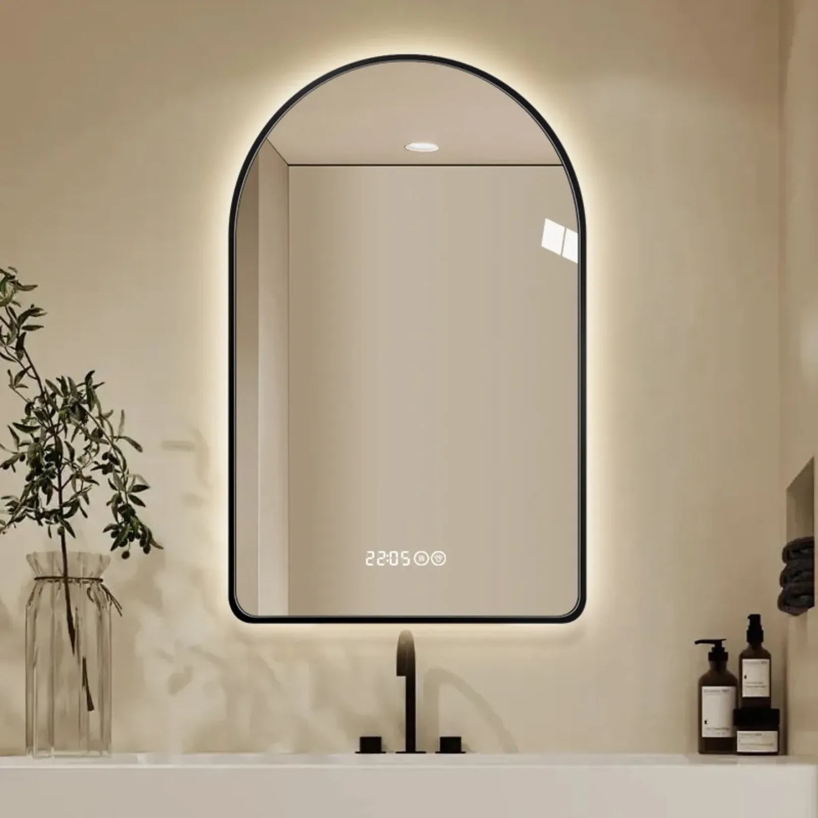 Miroir Salle de Bain Lumineux 120 cm arche rétroéclairage chaud salle de bain beige.