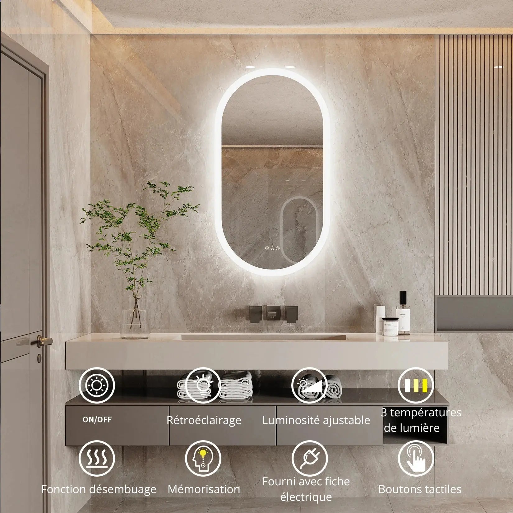 Commandes tactiles du miroir salle de bain lumineux : lumière, antibuée, mémoire.
