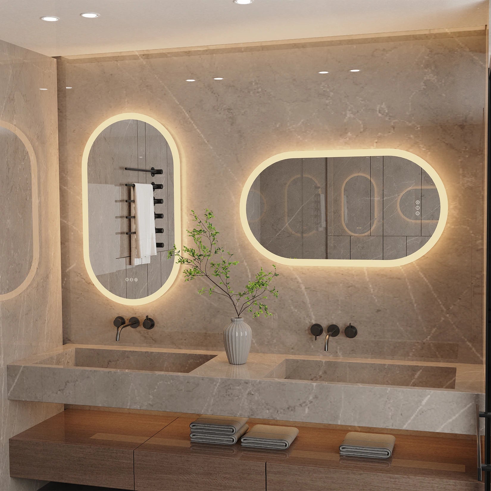 Utilisation en format horizontal du miroir lumineux au-dessus d’une double vasque.