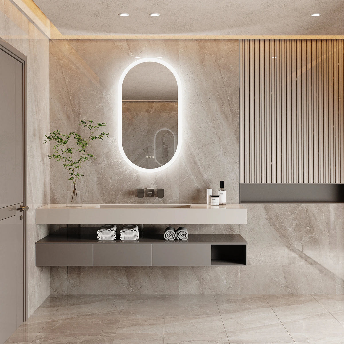 Miroir lumineux salle de bain avec éclairage LED blanc pur dans un intérieur sobre.