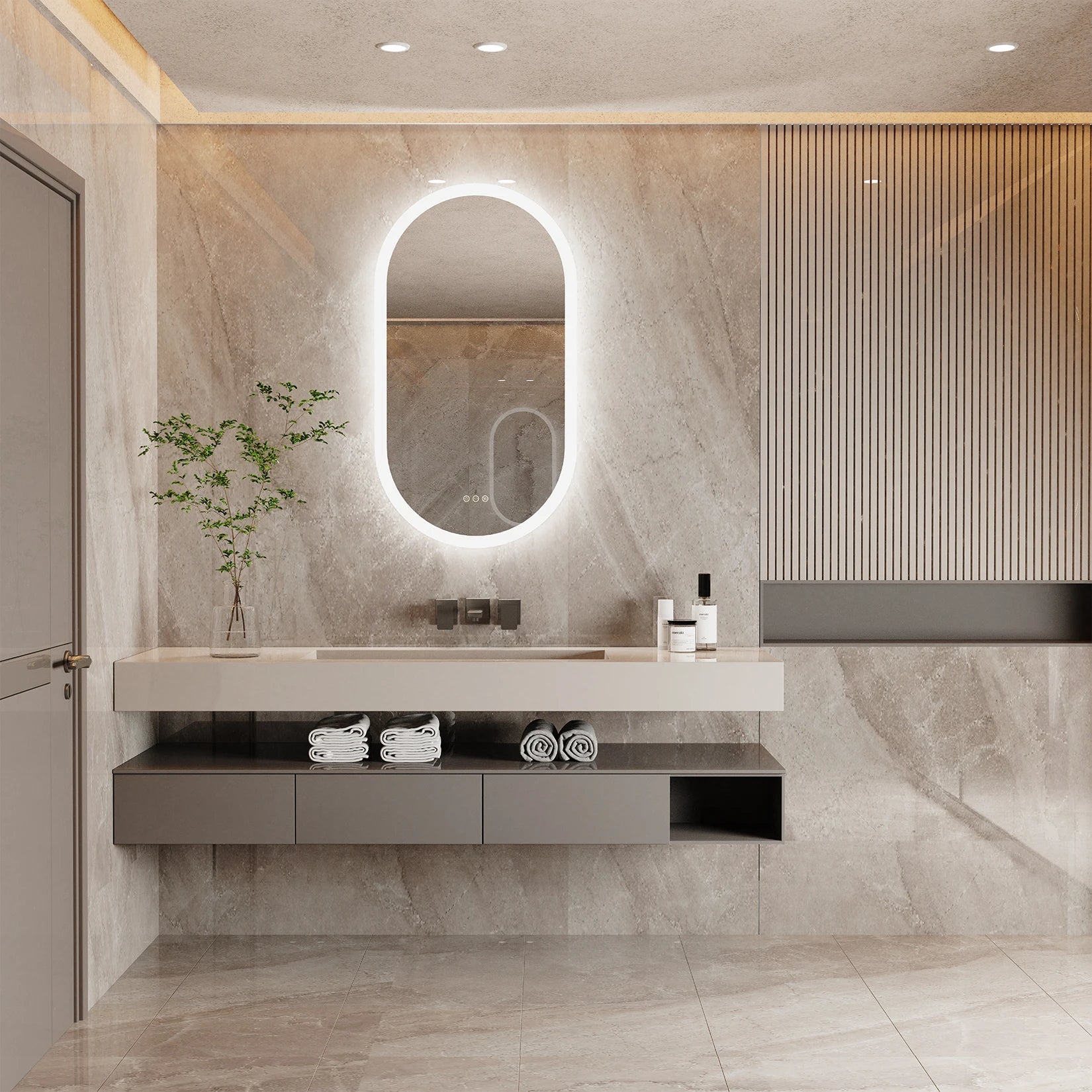 Miroir lumineux salle de bain avec éclairage LED blanc pur dans un intérieur sobre.