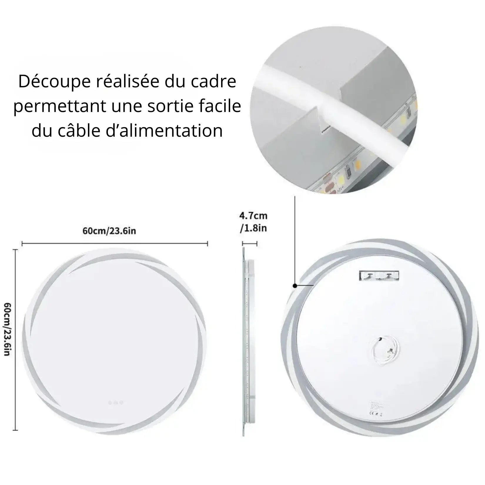 Schéma technique du miroir salle de bain lumineux rond 60 cm.