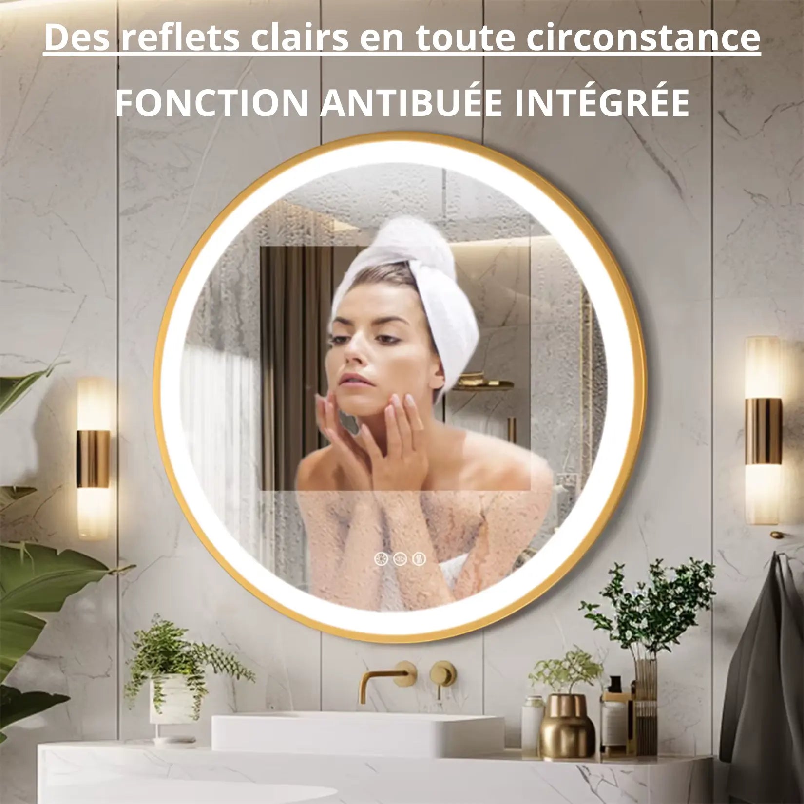 Miroir Salle de Bain Or Brossé Antibuée - Reflets Clairs Permanents.