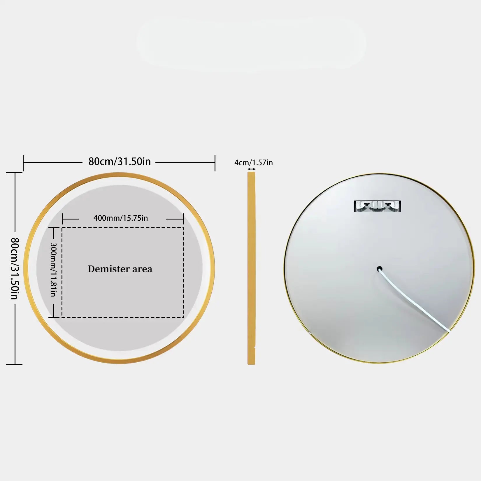 Miroir Salle de Bain Or Brossé 80 cm - Dimensions et Schéma Technique.