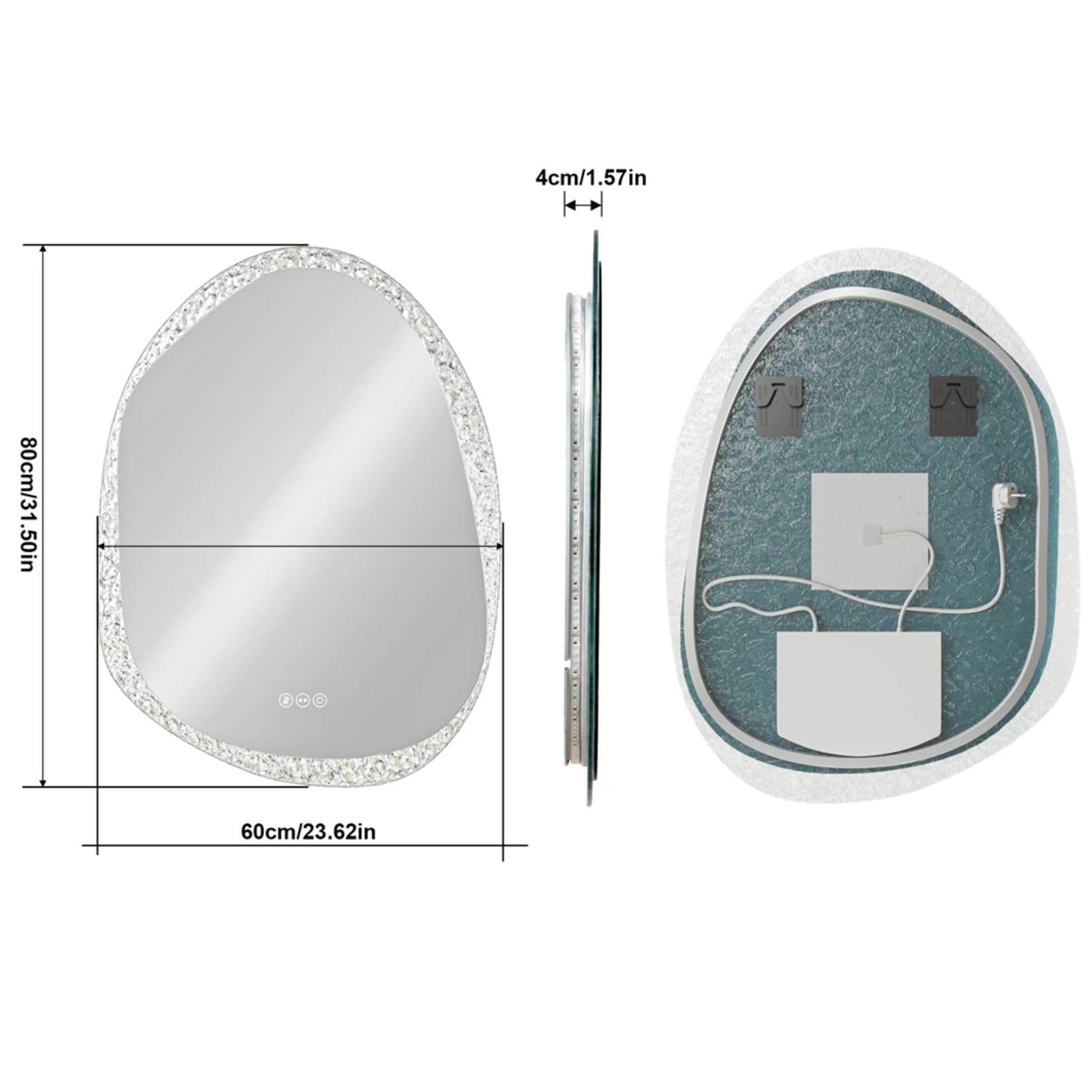 Dimensions techniques du miroir salle de bain original LED 80x60 cm – vue face et profil.
