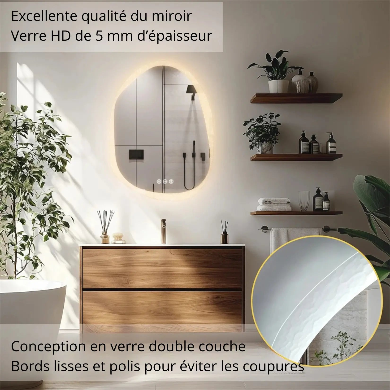 Miroir de salle de bain original avec verre HD 5 mm et bords polis anti-coupure.