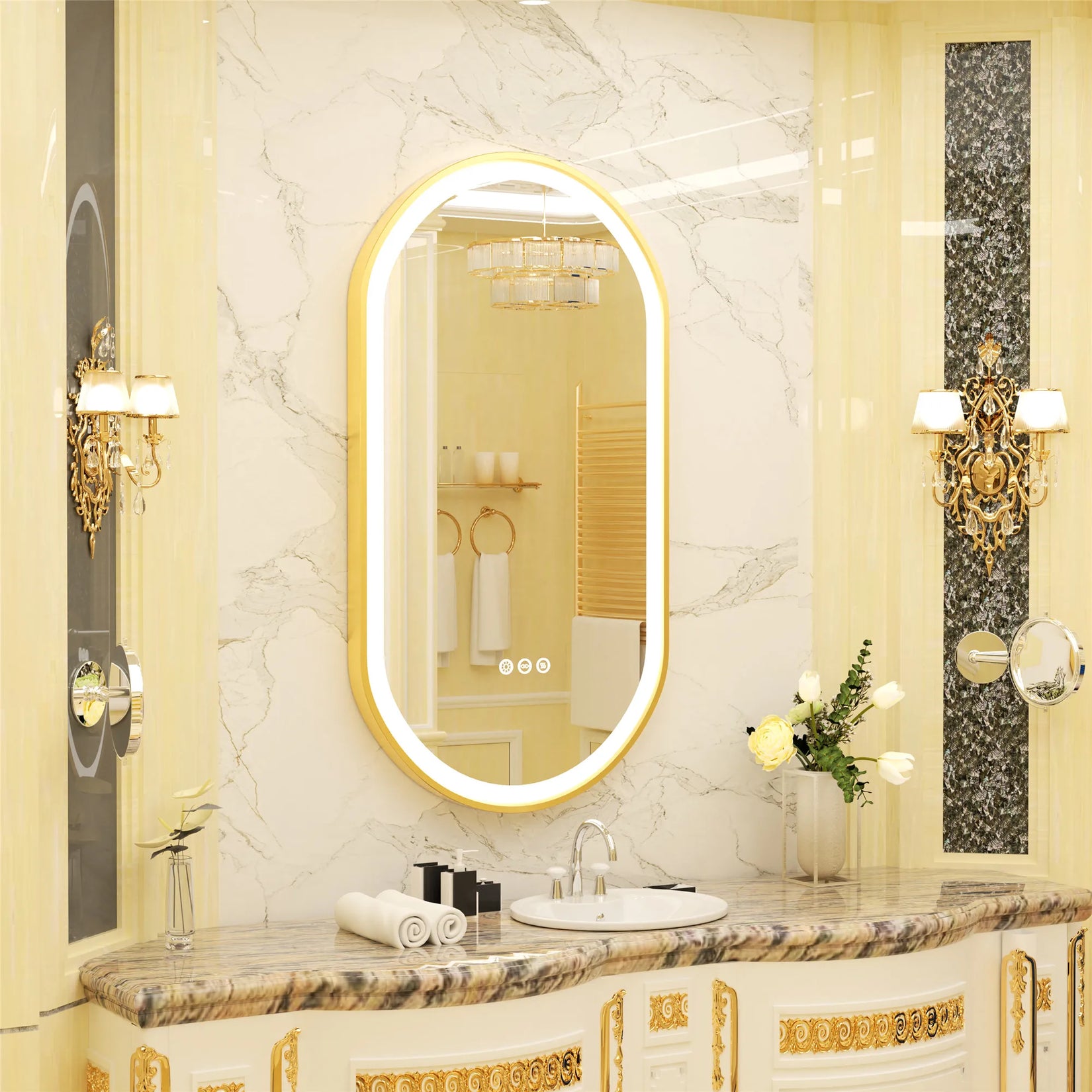 Miroir salle de bain ovale doré dans une décoration luxueuse.