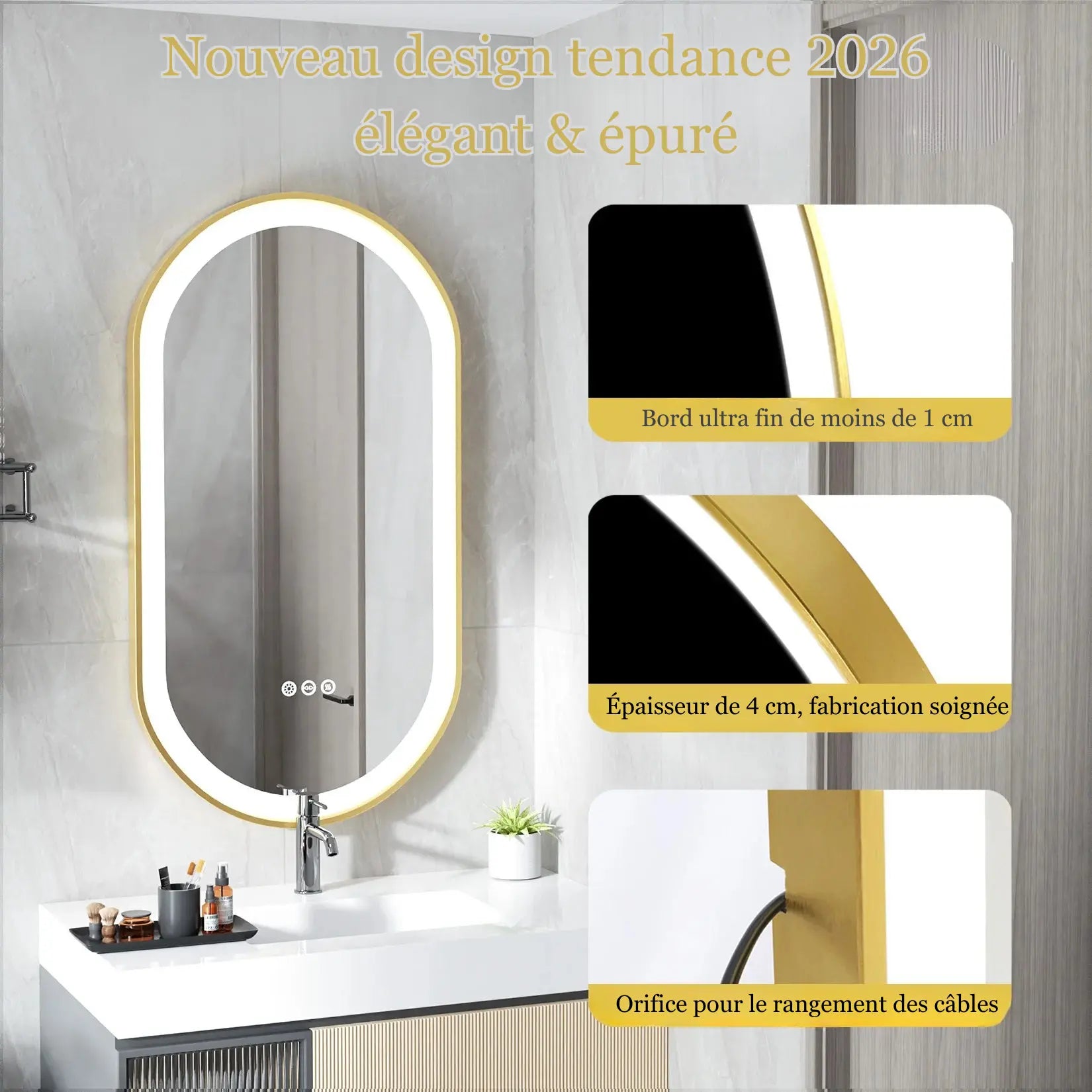 Miroir salle de bain ovale design tendance 2026 avec bord doré fin.