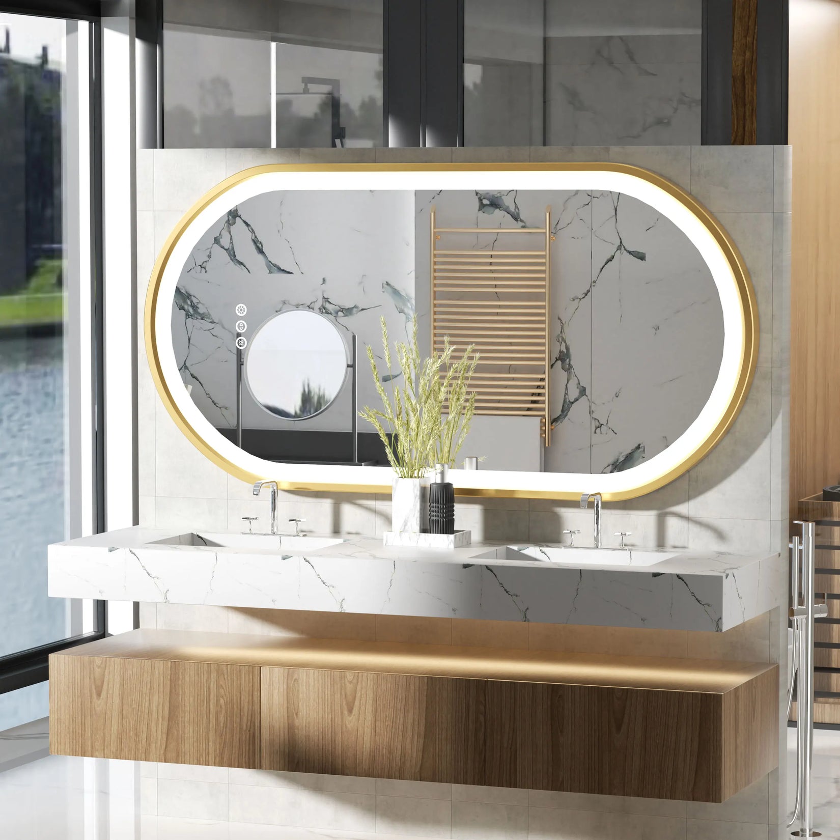 Grand miroir salle de bain ovale doré pour double vasque.