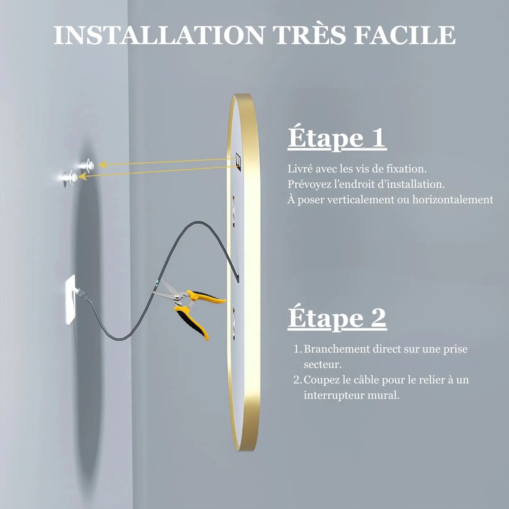 Installation facile d’un miroir salle de bain ovale doré.