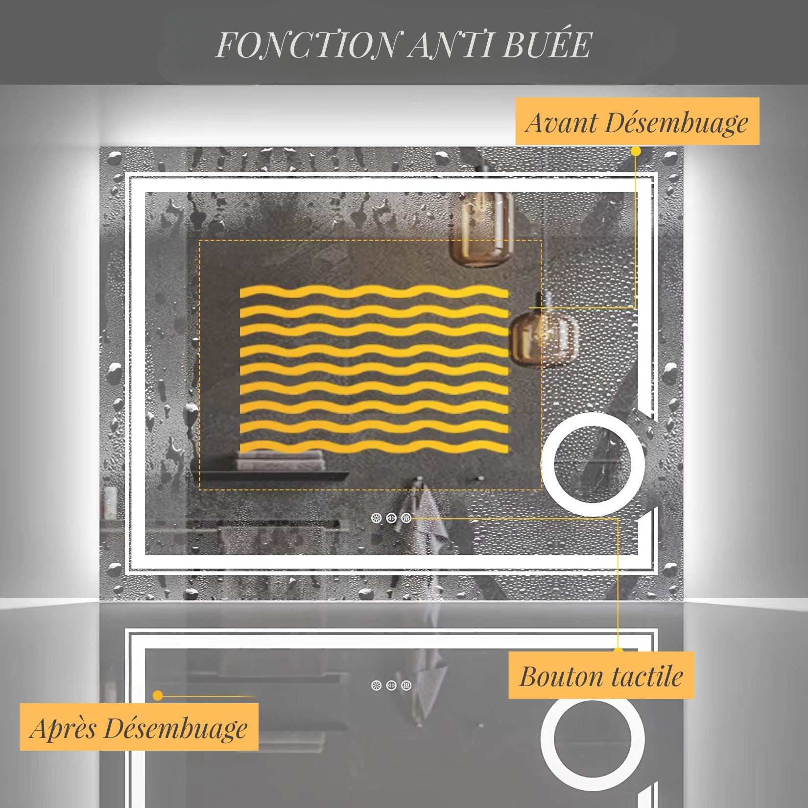 Fonction anti-buée du miroir salle de bain rétro éclairé, avant et après.