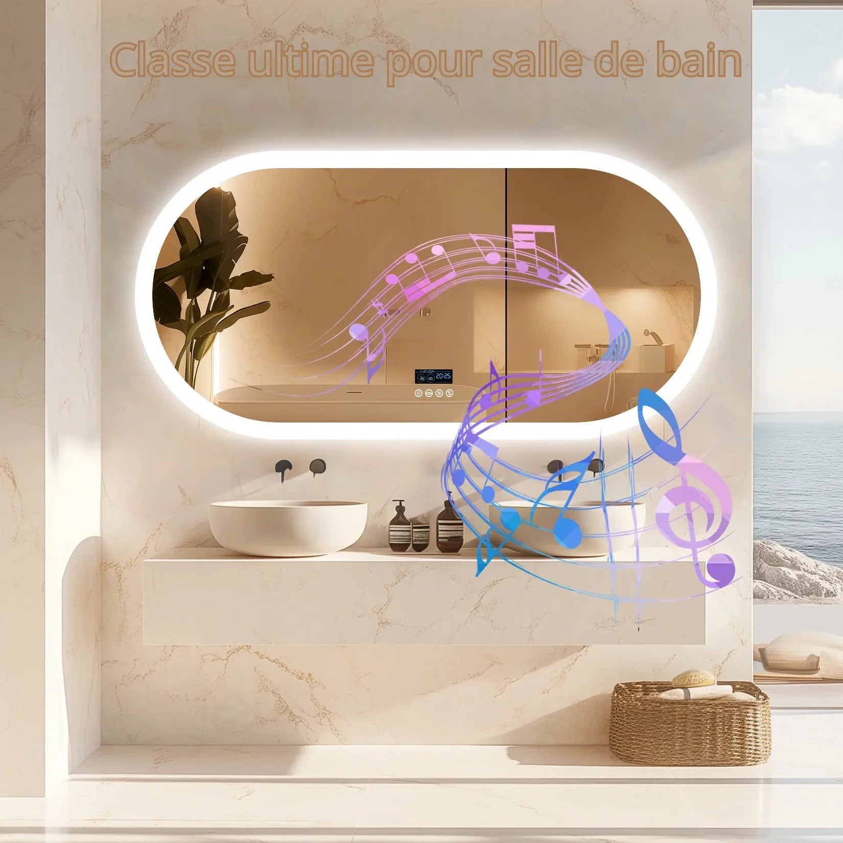 Miroir salle de bain rétroéclairé avec design élégant et animation musicale.