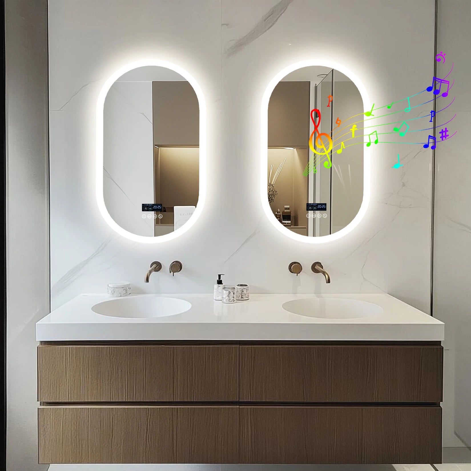 Miroirs salle de bain rétroéclairés pour double vasque avec son Bluetooth intégré.