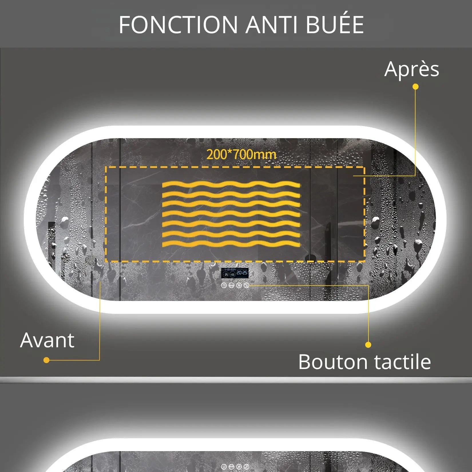 Miroir salle de bain rétroéclairé avec zone de désembuage centrale 200x700 mm.