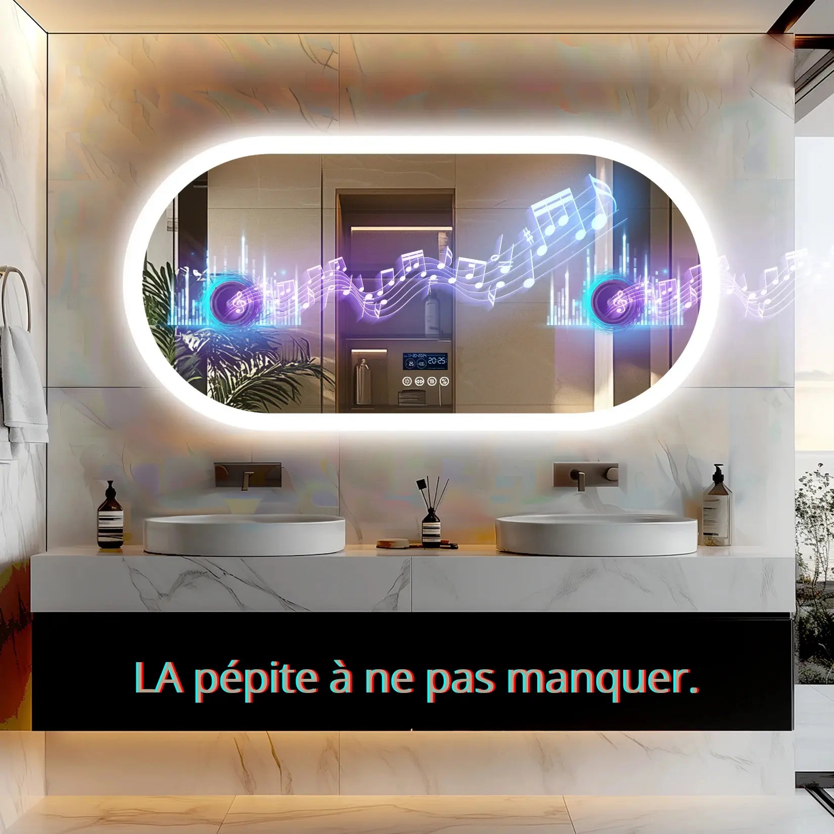 Miroir Salle de Bain Rétroéclairé avec haut-parleurs lumineux intégrés et design sonore immersif, ambiance luxueuse et technologie avancée.
