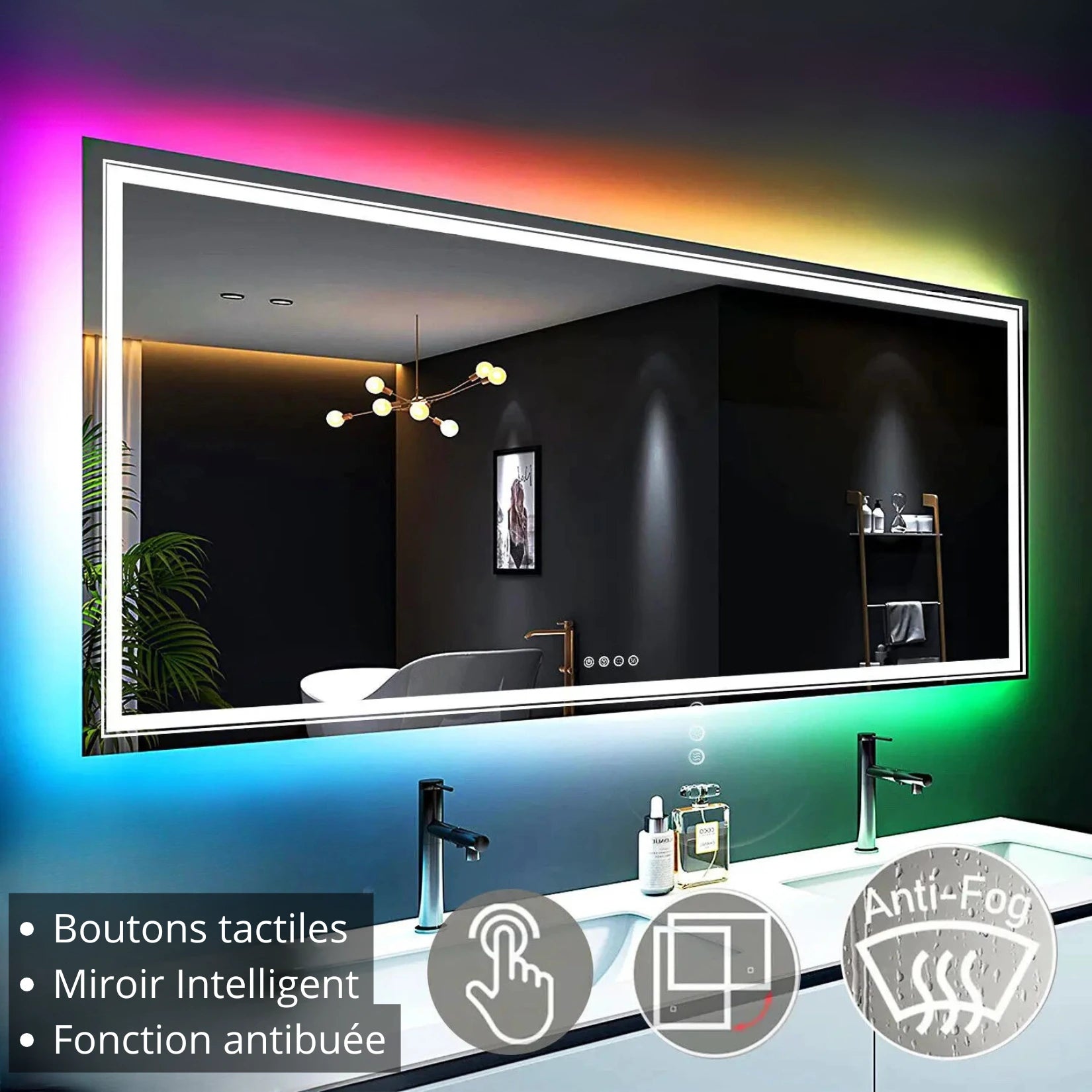 Miroir Salle de Bain Rétroéclairé avec LED puissante et fonction anti-buée activée.