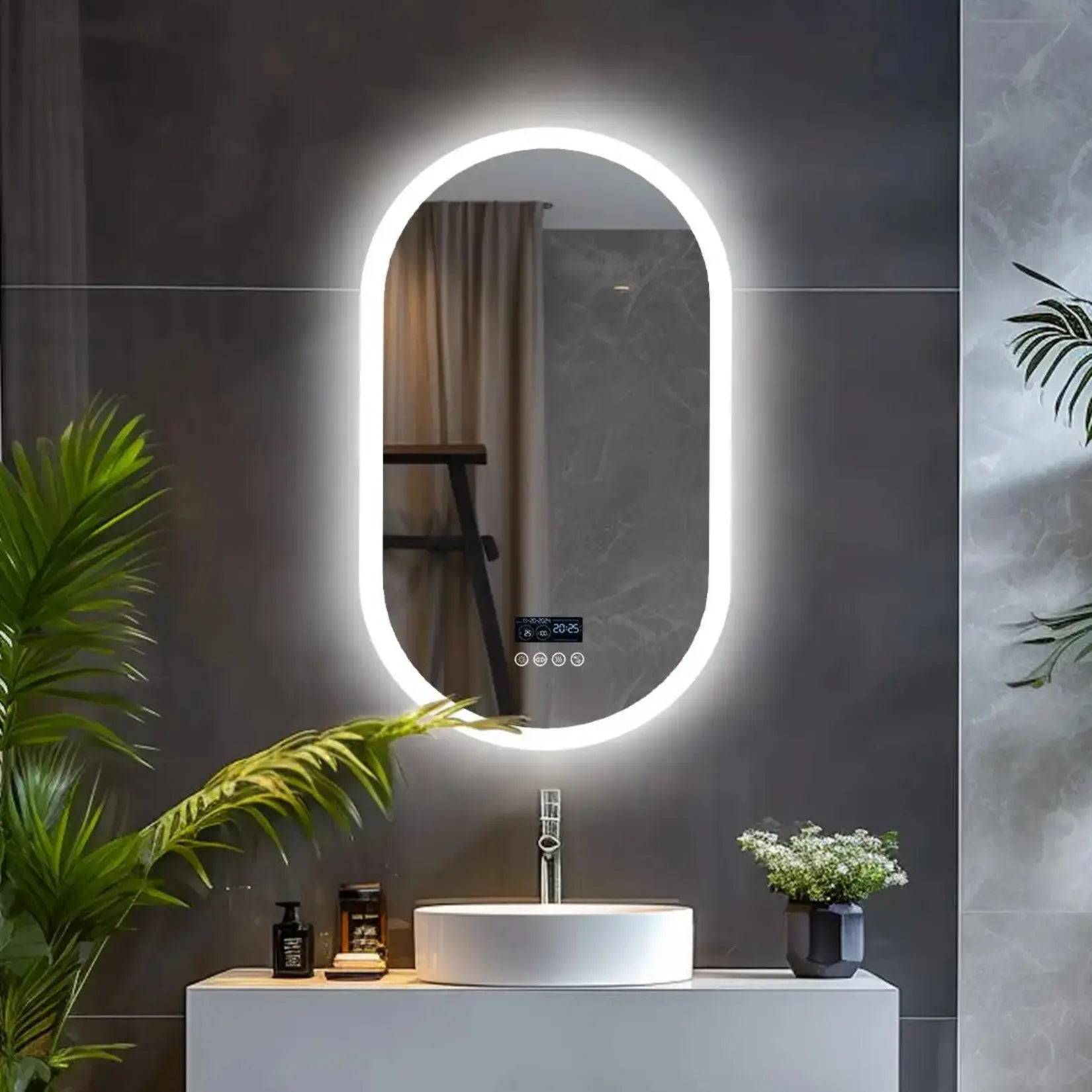 Miroir salle de bain rétroéclairé noir au design moderne avec éclairage LED ovale.