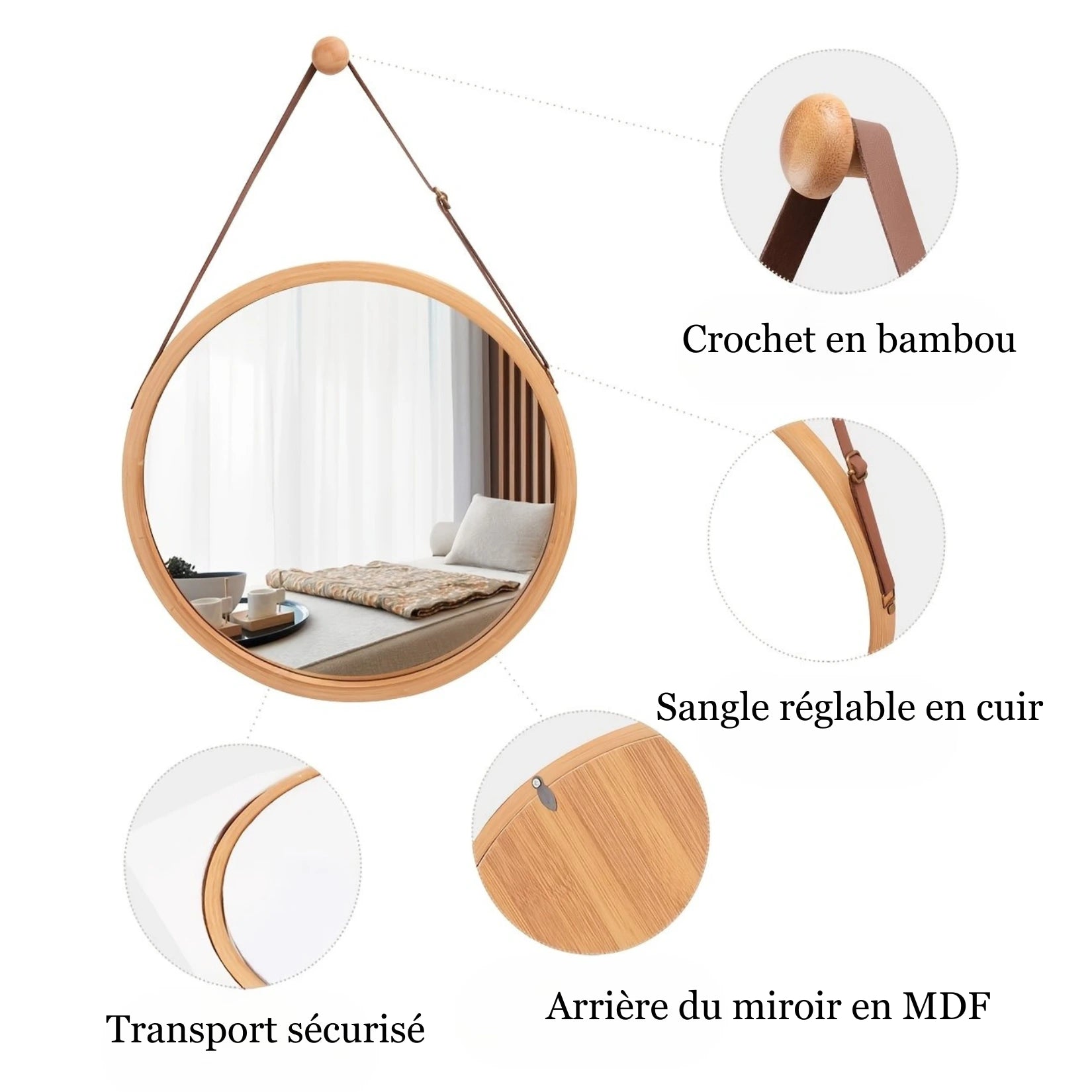 Zoom sur les détails du Miroir Salle de Bain Rond Bois avec sangle réglable et crochet bambou.