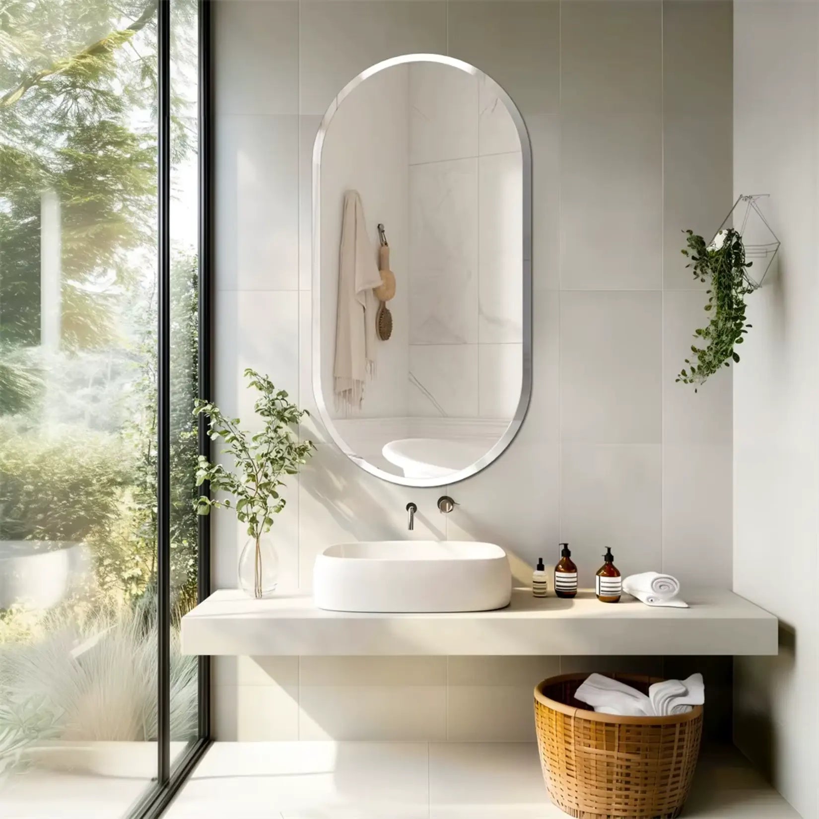 Miroir salle de bain simple en verre biseauté, accroché dans une salle de bain lumineuse.