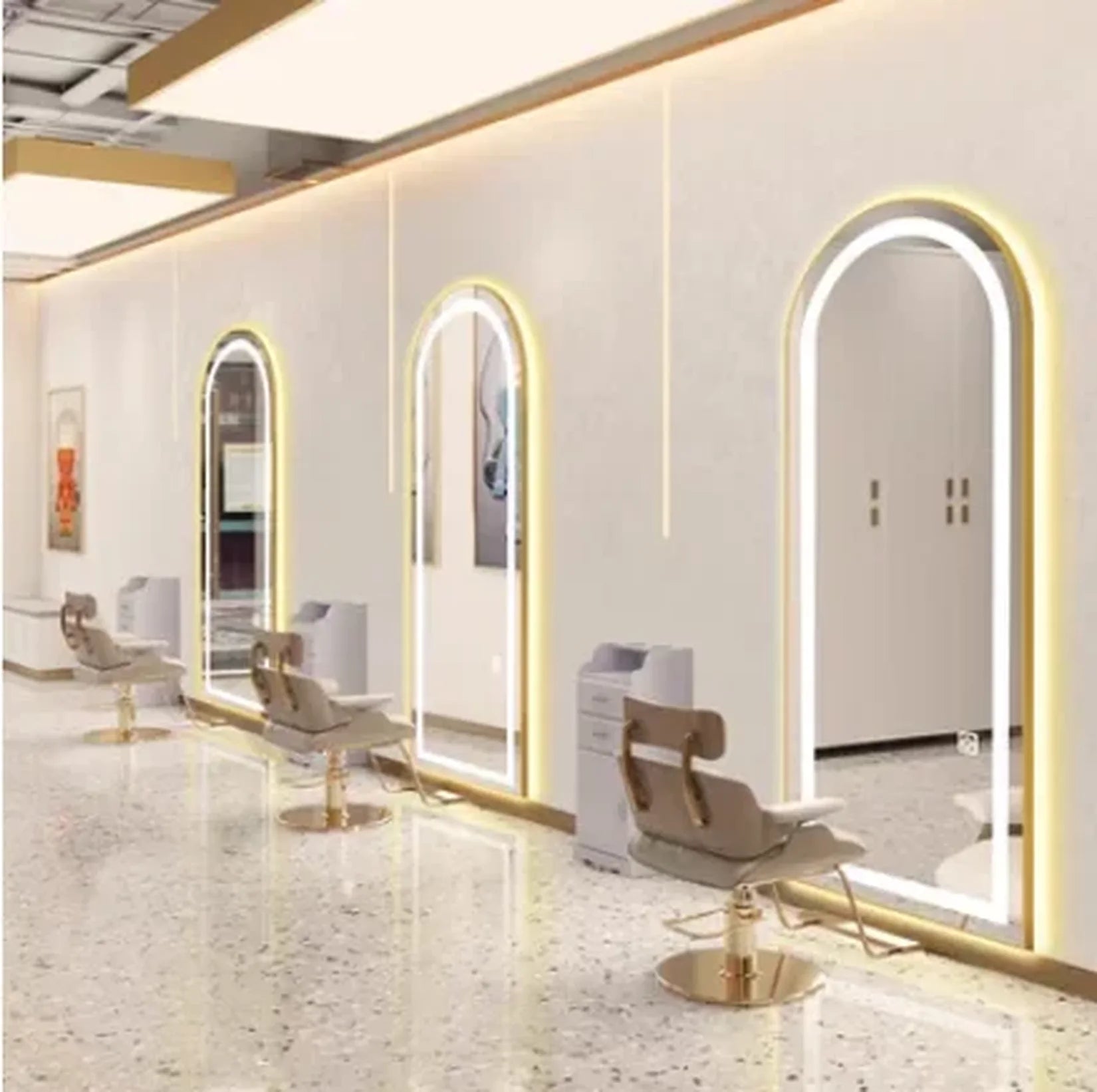 Miroir salon de coiffure LED arche doré vue ensemble.