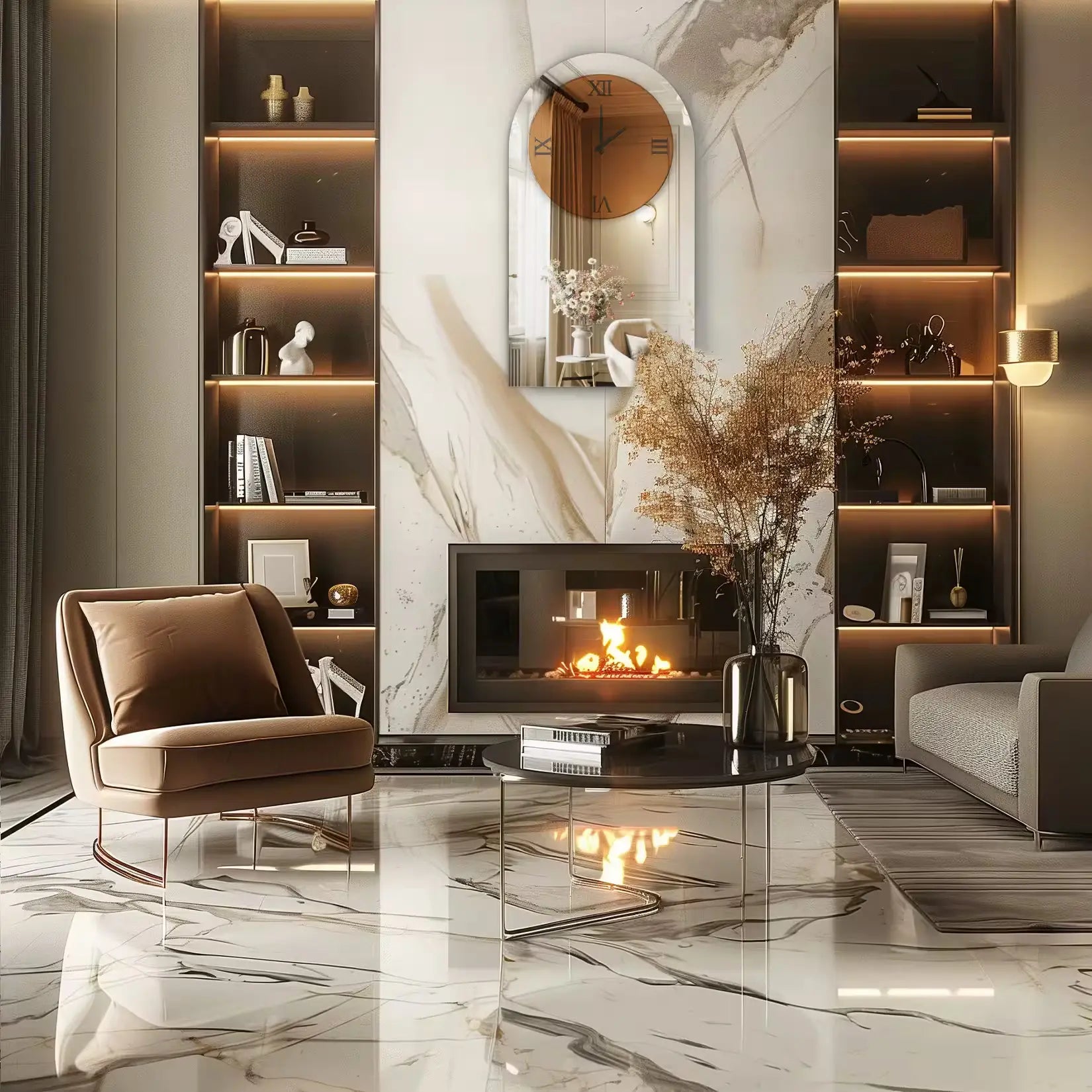 Miroir salon design avec horloge au-dessus d’une cheminée en marbre moderne.
