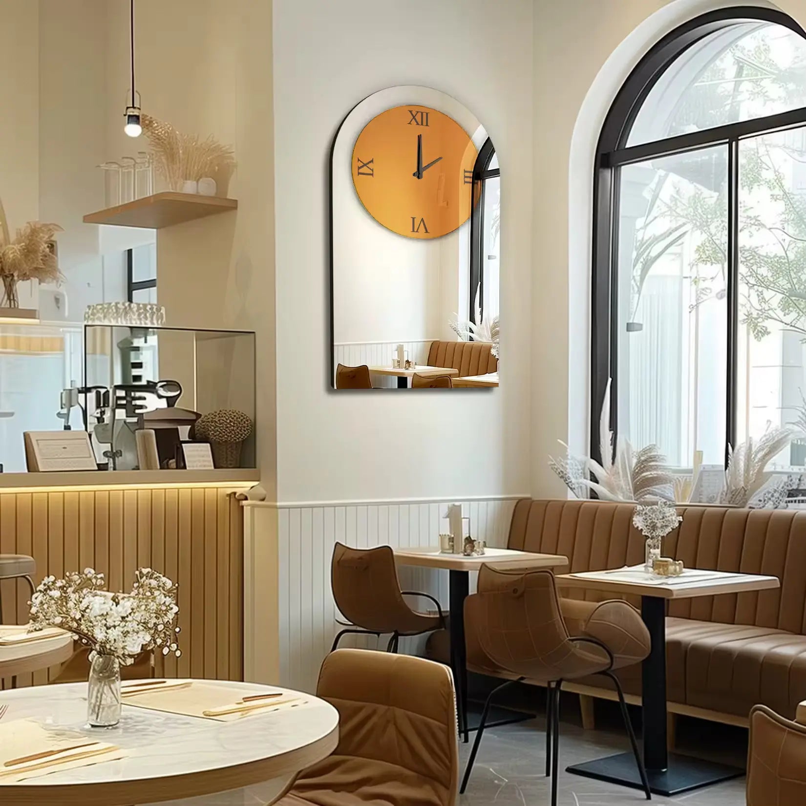 Miroir salon design avec horloge murale dans un restaurant lumineux et cosy.