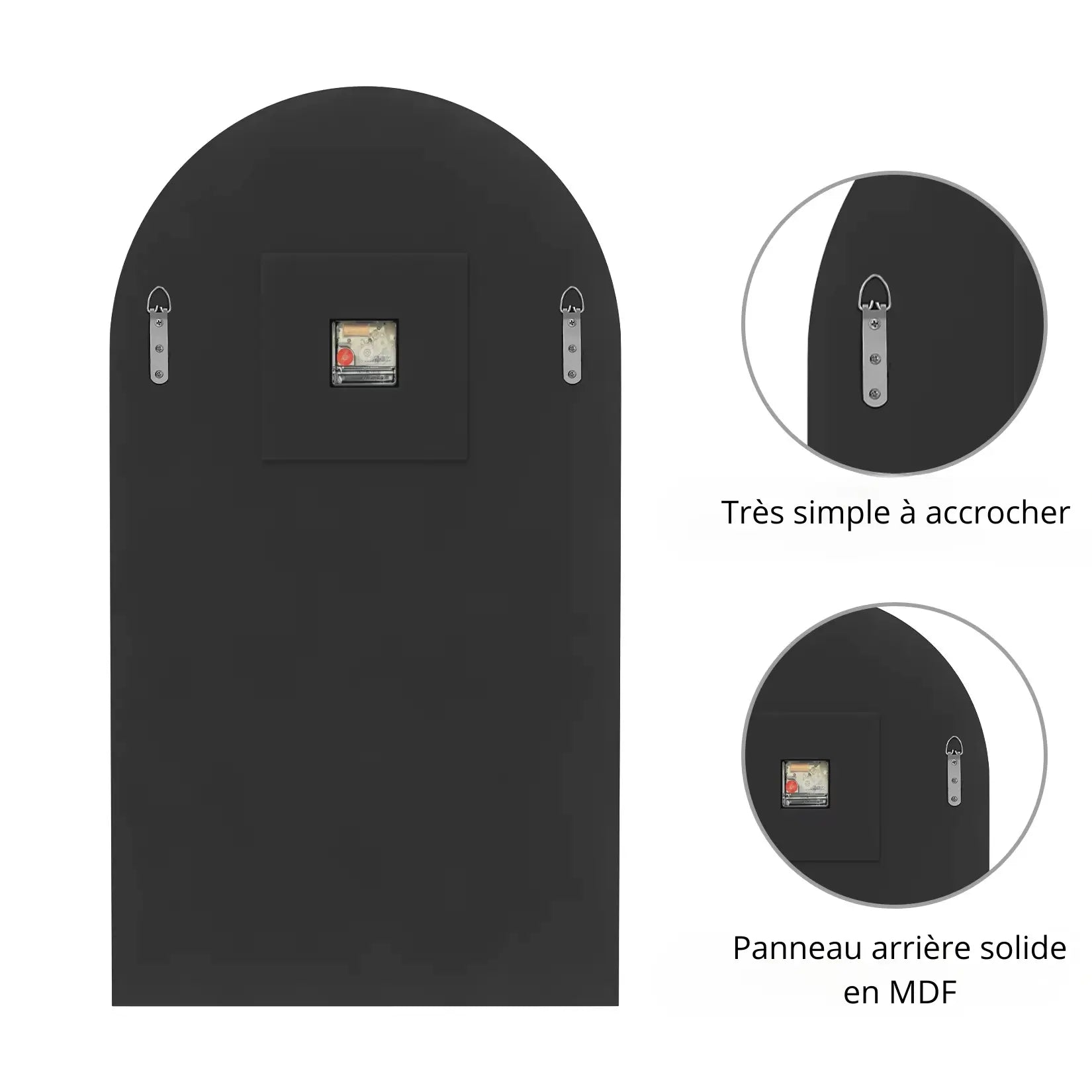 Vue arrière du miroir salon design avec horloge montrant le panneau MDF et les fixations.