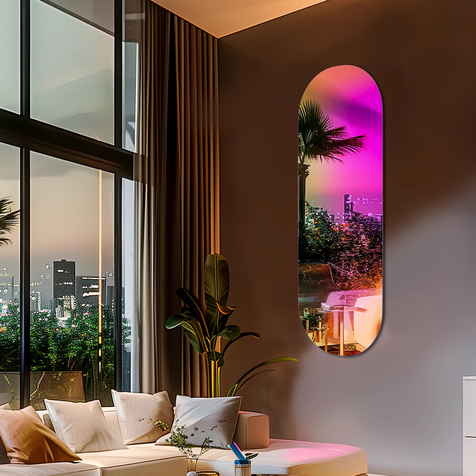 Miroir salon moderne mural avec reflets arc-en-ciel dans un salon de nuit surplombant la ville.