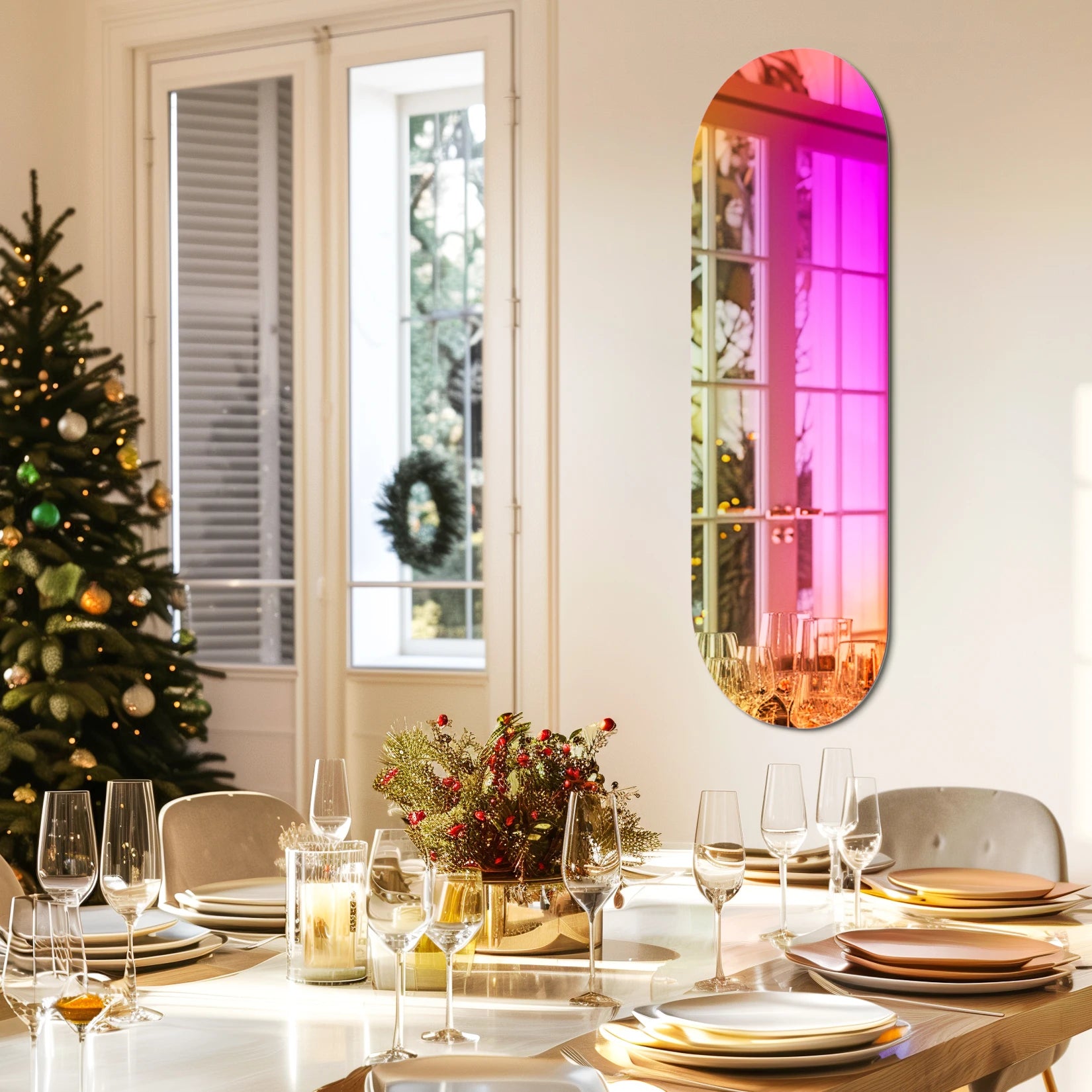 Miroir mural aux reflets multicolores sublimant une salle à manger moderne décorée pour Noël.