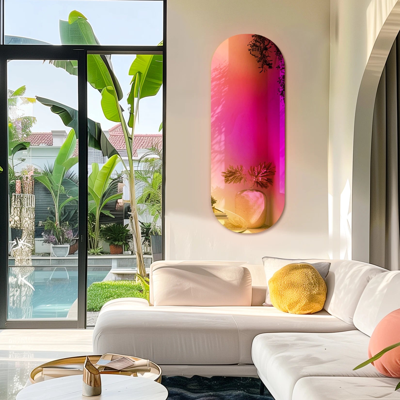 Miroir salon moderne vertical projetant des reflets colorés dans un salon clair avec jardin exotique.
