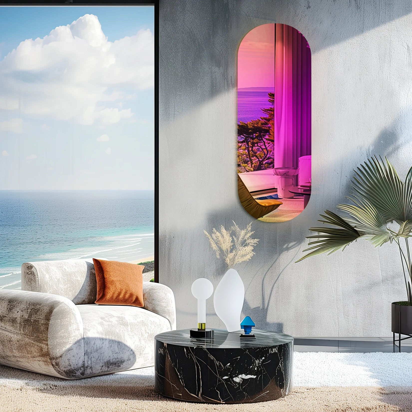 Miroir salon moderne mural avec reflets multicolores dans un salon contemporain face à la mer.