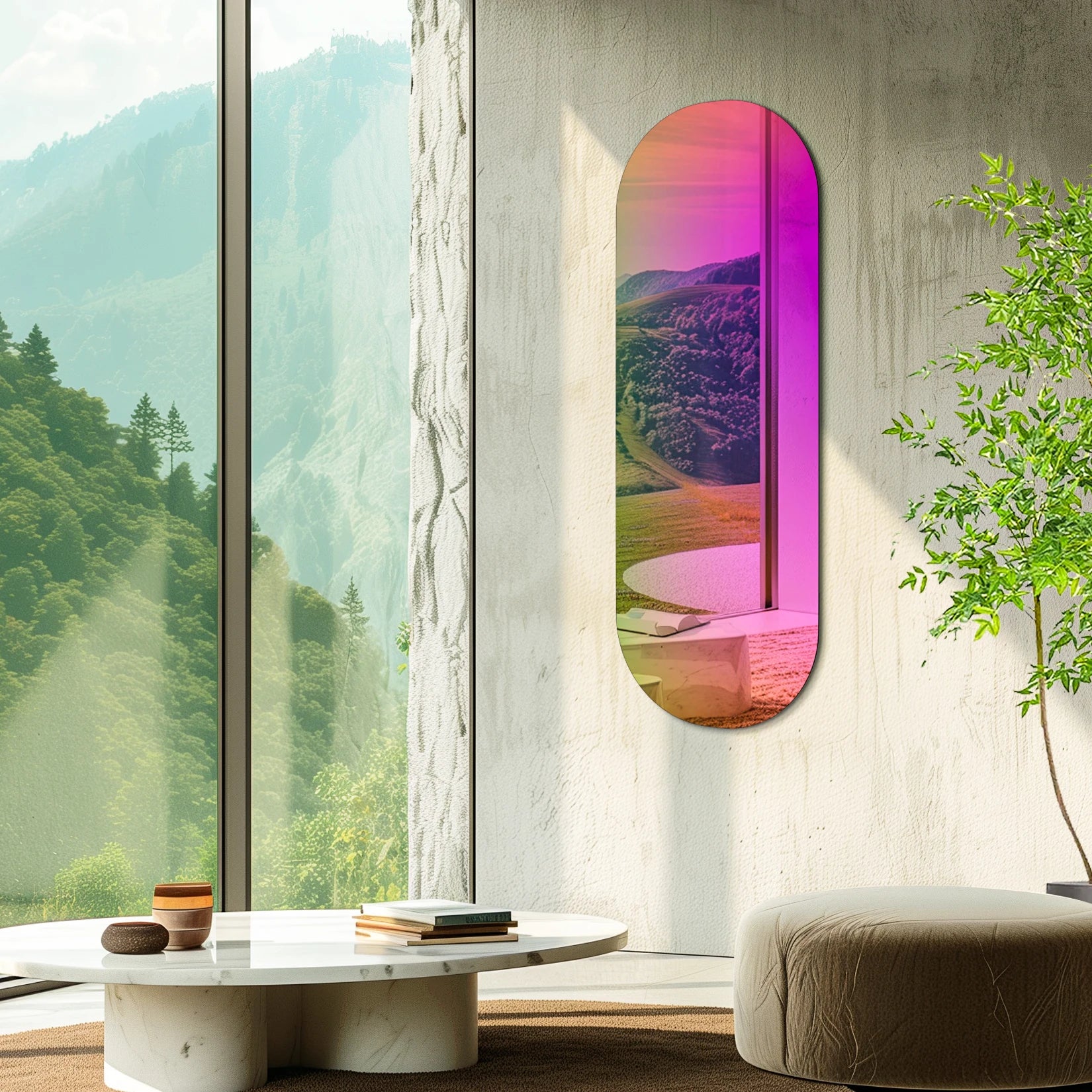 Miroir salon moderne multicolore dans une pièce design avec vue sur la montagne.