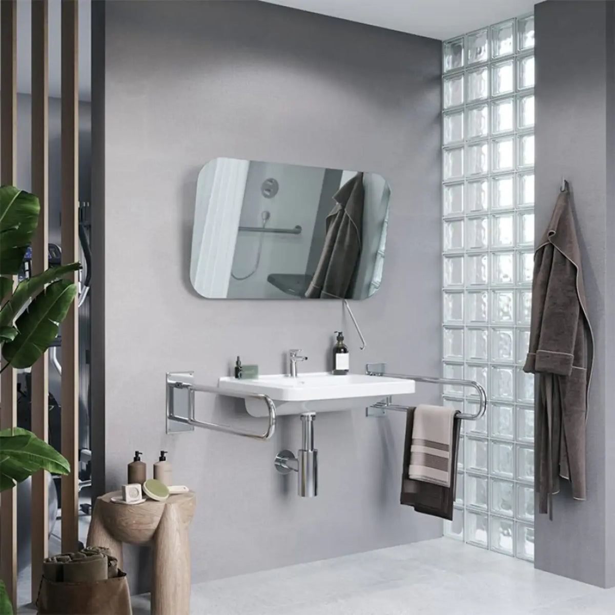 Miroir simple salle de bain 100 cm installé dans une salle de bain moderne avec un lavabo adapté aux PMR.