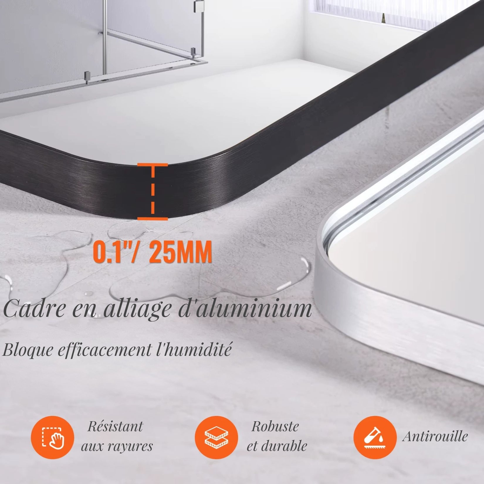 Cadre en alliage d'aluminium de 25 mm pour le miroir simple salle de bain 160 cm, résistant aux rayures et à l'humidité.