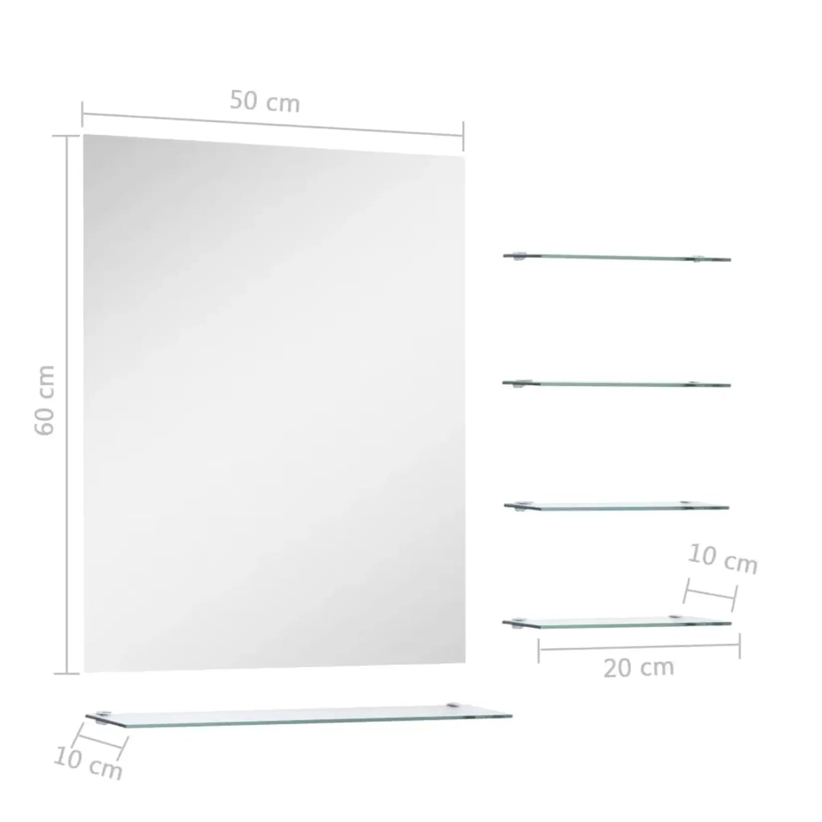 Dimensions du miroir simple salle de bain 50x60 cm et de ses étagères en verre.