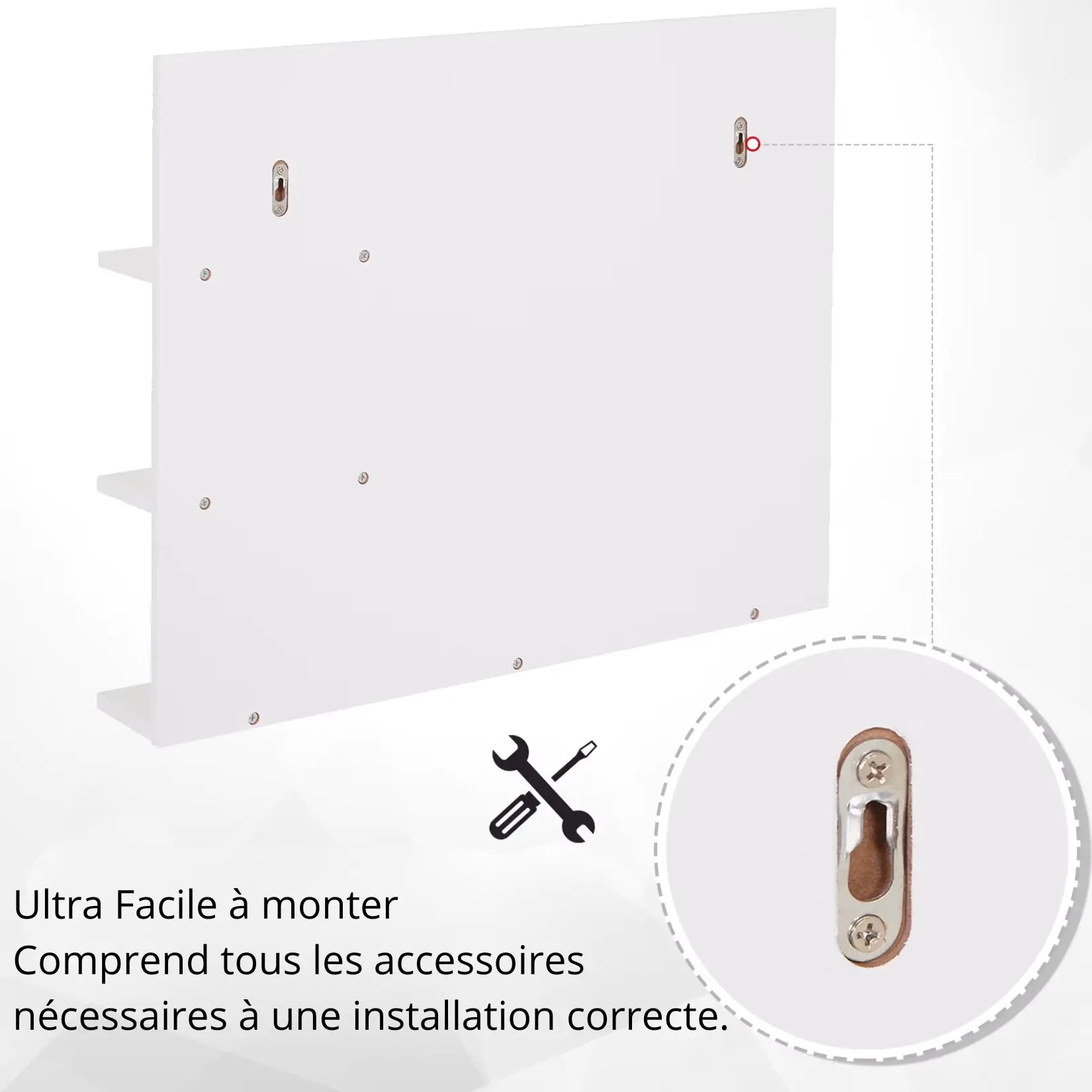Système de fixation mural sécurisé du miroir simple salle de bain avec accroches métalliques et vis incluses.
