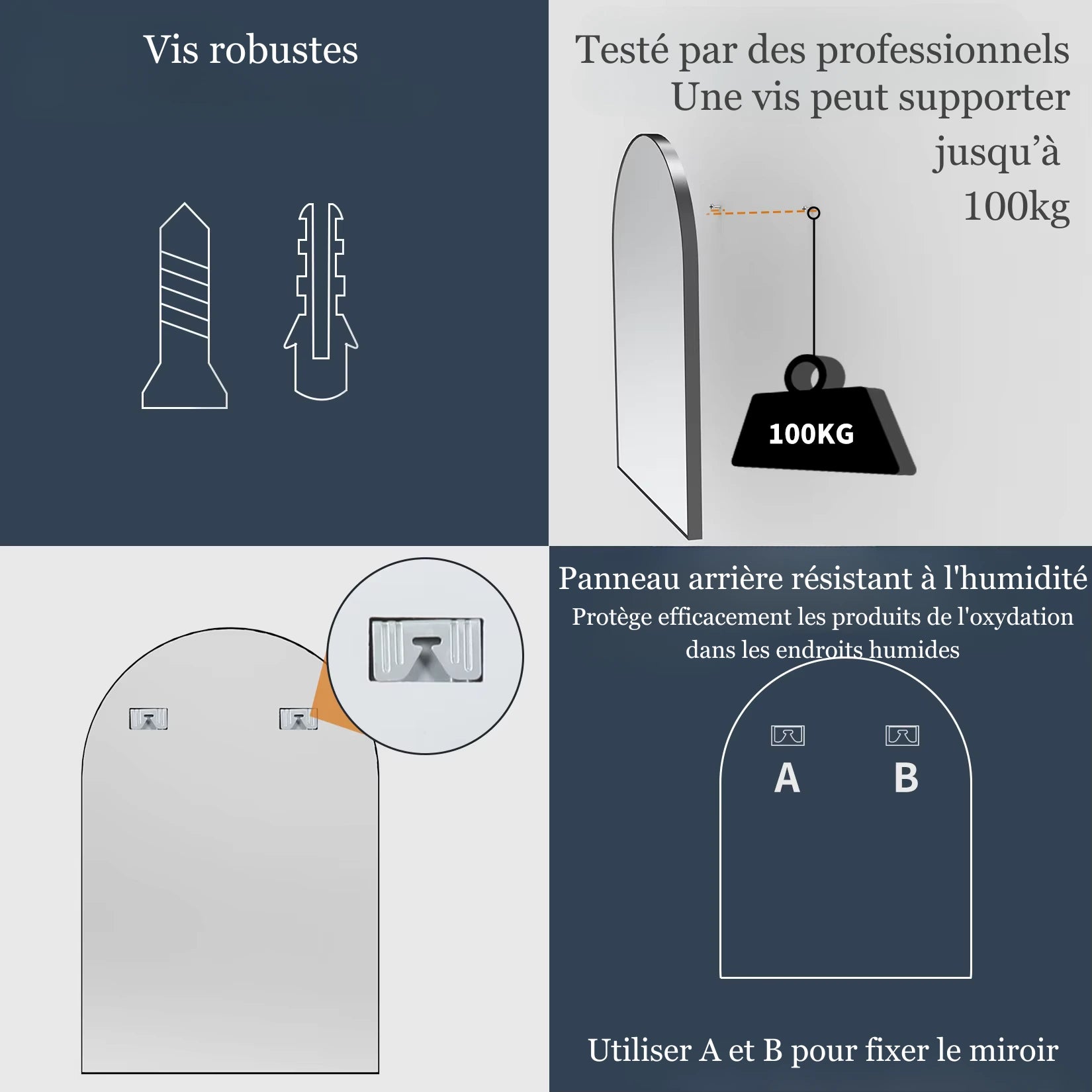 Détails des fixations du Miroir Simple Salle de Bain 70 par 100 cm, résistance et sécurité d’installation.